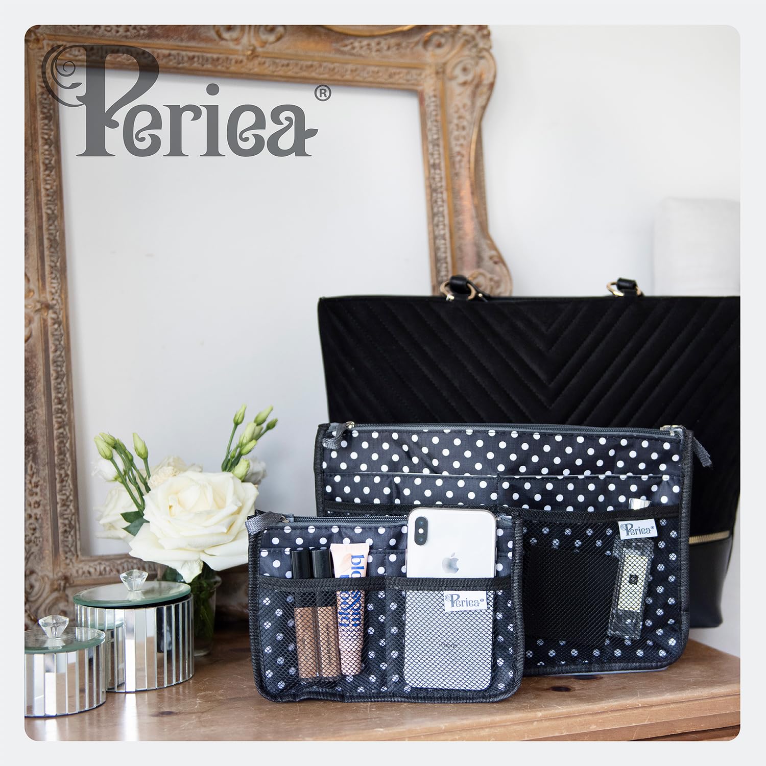 Periea 'Signature' Luxury Handbag Organiser Insert - 3 Sizes - (Seafoam Waves, Large) - 2