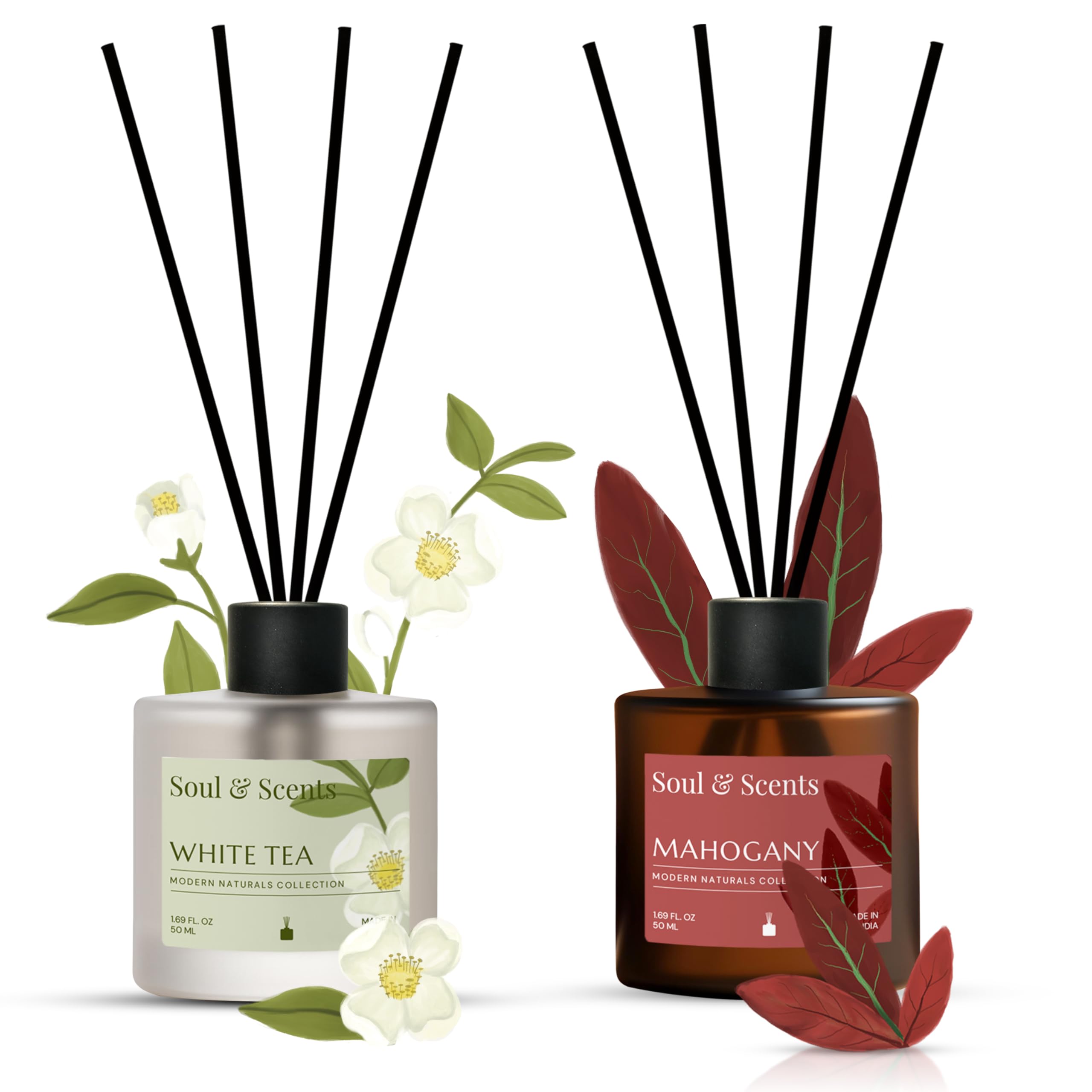 Soul & Scents White Tea and Mahogany Reed Diffuser Set - 50ml with Free 10 Rattan Reed Sticks| Toxin Free & Stress Relief| Long Lasting | Room Freshener for Home, Bedroom & Office| Combo Pack of 2