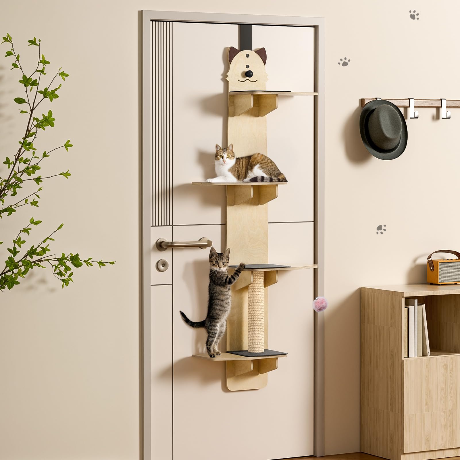 4-Tier Cat Shelves for Indoor Cats, Door Hanging Cat Climber, Wooden, 170x42x30 cm, Over Door Cats Tree with Scratching Post, Pads, Balls, Space Saving (Brown)