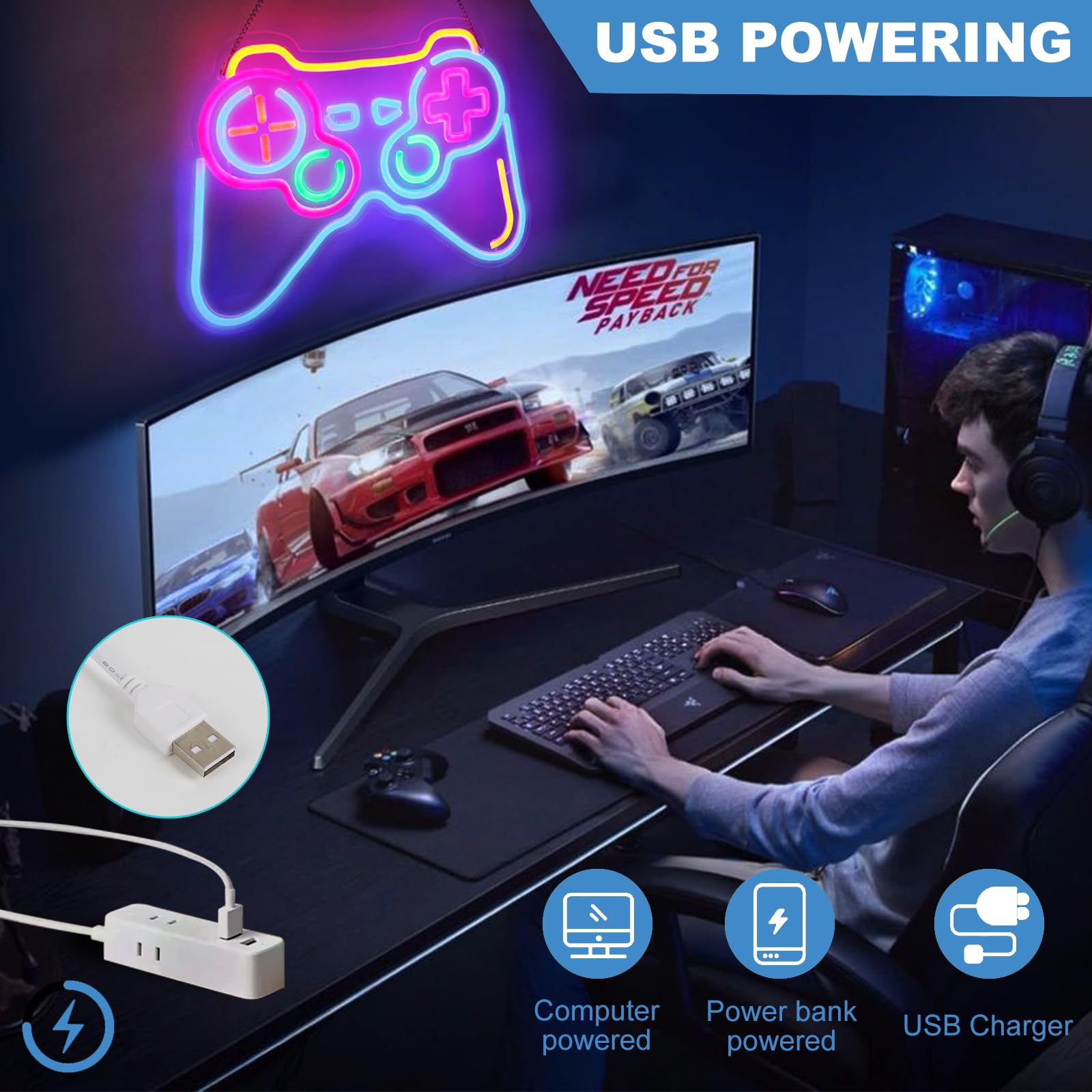 Neonlicht Schild, LED-Umgebungslicht, Leuchtreklame, Gaming Zone Panda Lichtzeichen, Neonschilder für Spielzimmer Wand, Spielzimmer, Kinderzimmer, Schlafzimmer, Wohnzimmer Wanddekorationen (Gamepad)