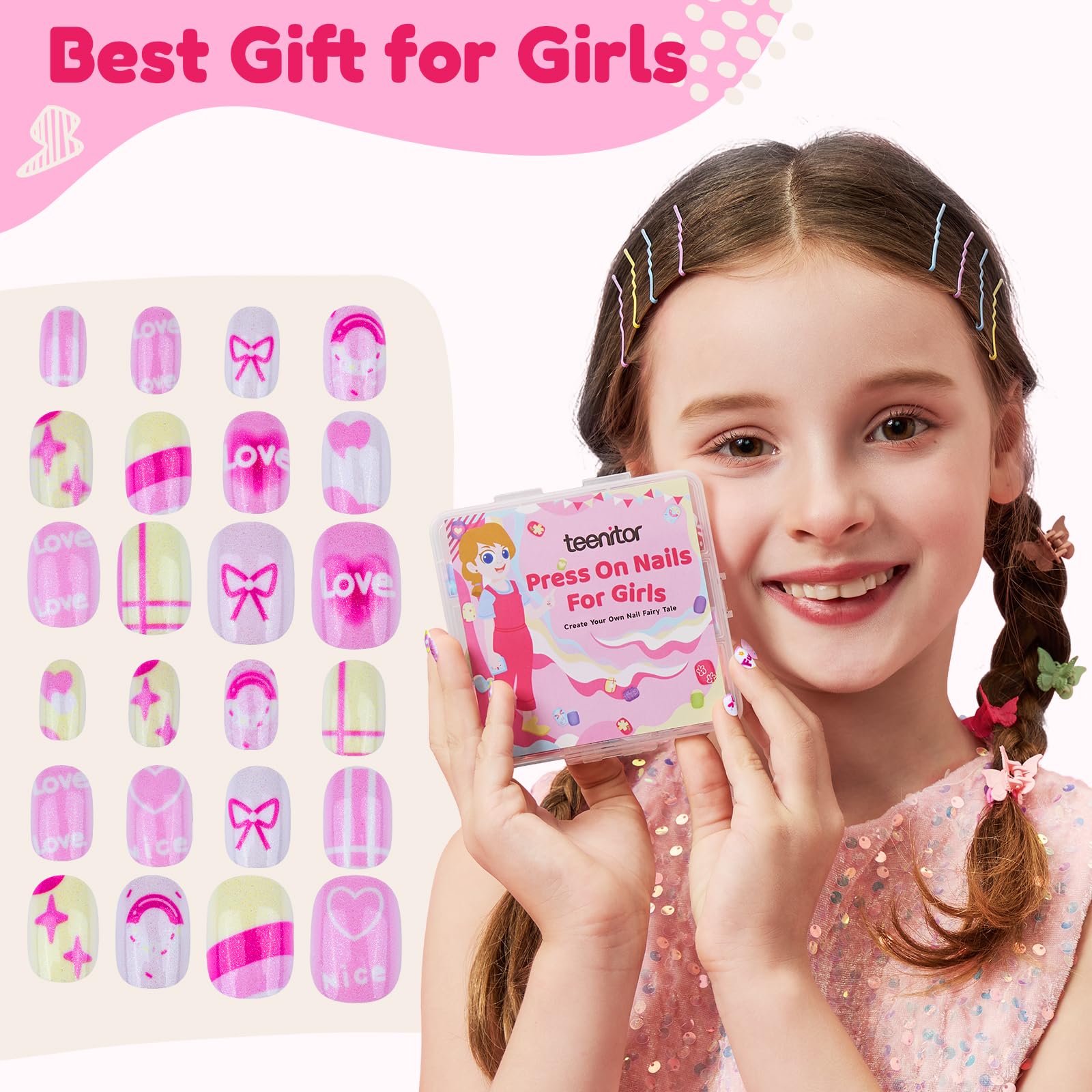 216 uñas postizas a presión para niñas, 9 colores, 12 tamaños, uñas postizas para niños, uñas postizas para niñas, uñas acrílicas cortas con pestañas adhesivas para uñas, lima de uñas 3