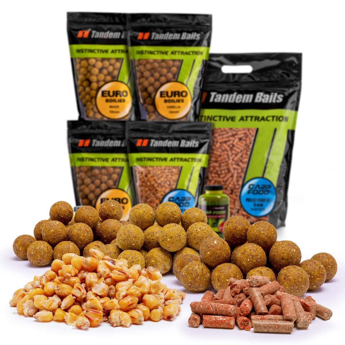 Tandem Baits Set di 8 Weekend Carp Fishing Box Sweet Mix | Prepared Maize | Euro Boilies 18/22mm | Pellet Carp XL 8mm | Perfection Hookers 18mm | Mini Pop Up 12mm | Carpfishing Pesche Pesca Accessori