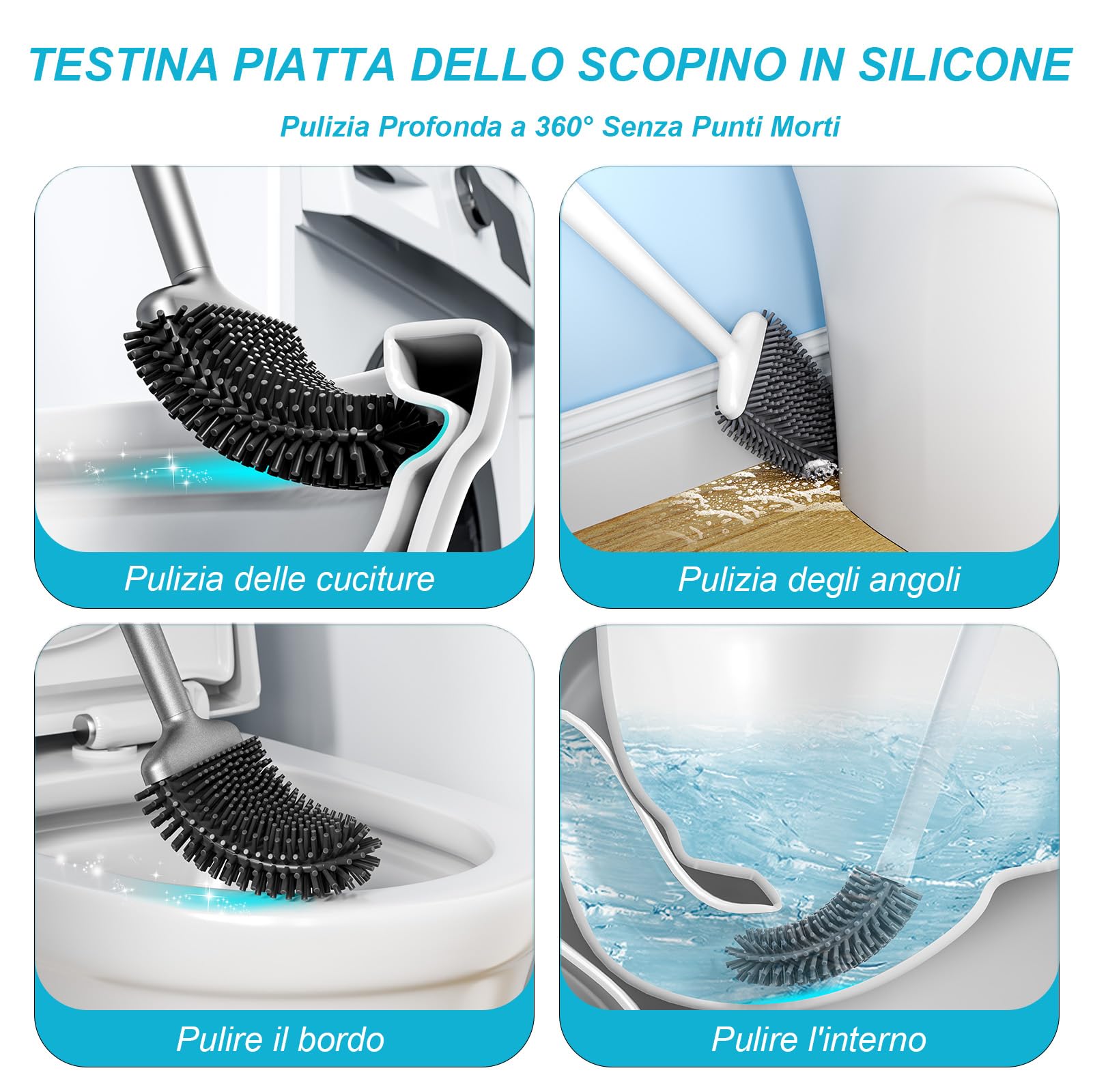 Sellemer Scopino WC Silicone, 2 Pezzi Scopino Bagno Montaggio a Parete/in Piedi, Scopettino Bagno con Supporto Traspirante ad Asciugatura Rapida, Scovolino WC Flessibile per WC(Argenteo)