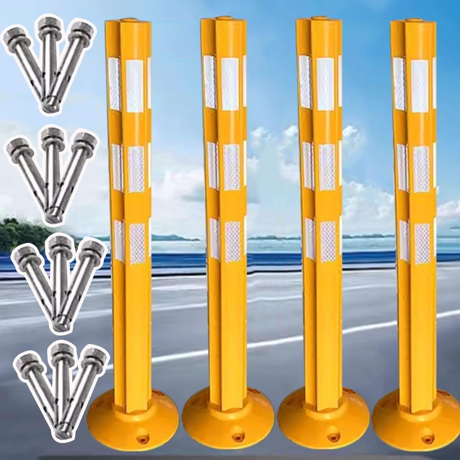 Aioneer Delineator Post Cone Driveway Caution Sign Flexible Removable Parking Barrier Post, 31.5 Inch Tall Safety Driveway Traffic Bollard Pole, With Reflective Tape, For Garage -Yellow-4Pcs