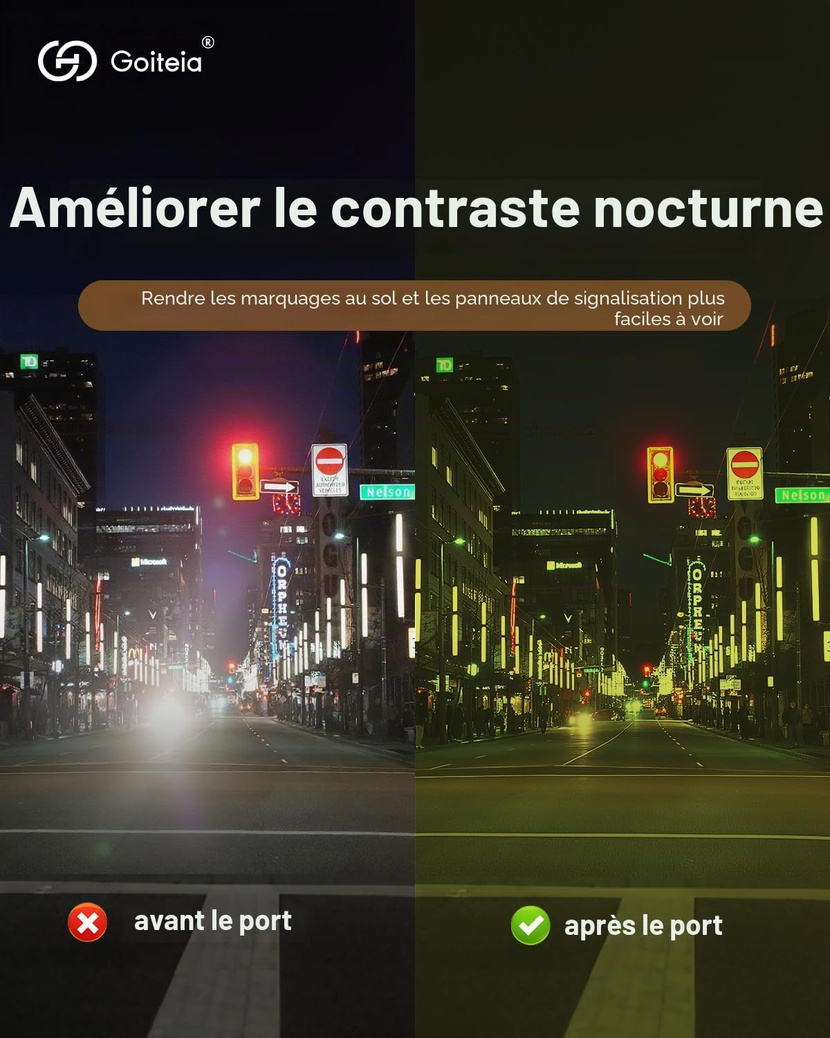 Goiteia lunettes de conduite de nuit adaptées, Anti-éblouissement efficace des phares venant en sens inverse, ultra léger，Protection UV 400 polarisée