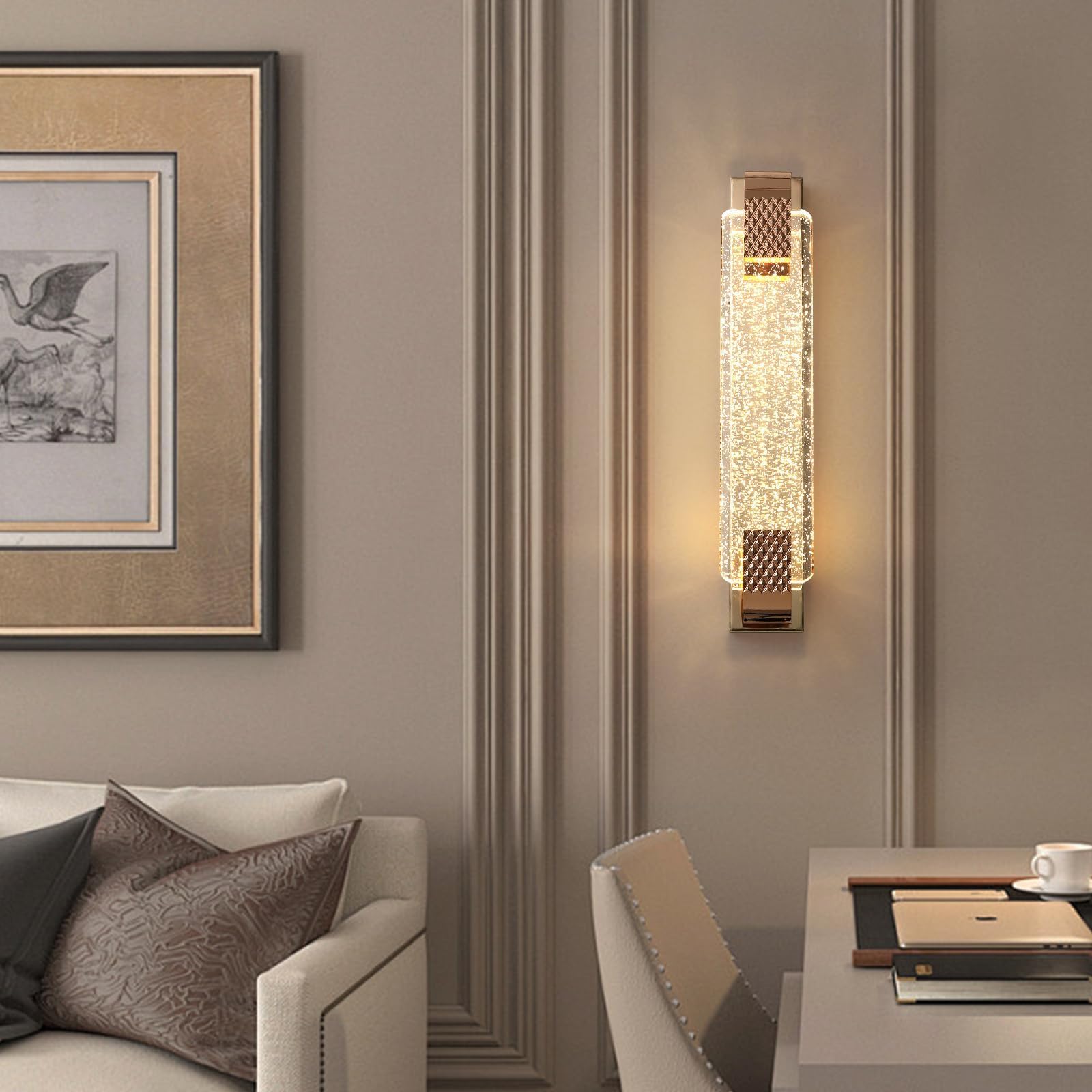 12W LED K9 Blasen-Kristall-Wandleuchte Gold Innen, 3 Farbwechsel | Edelstahlrahmen mit Flimmerfreier Stromsparender Integrierter LED, Luxuriöse Kristall-Wandlampe für Wohnzimmer, Schlafzimmer
