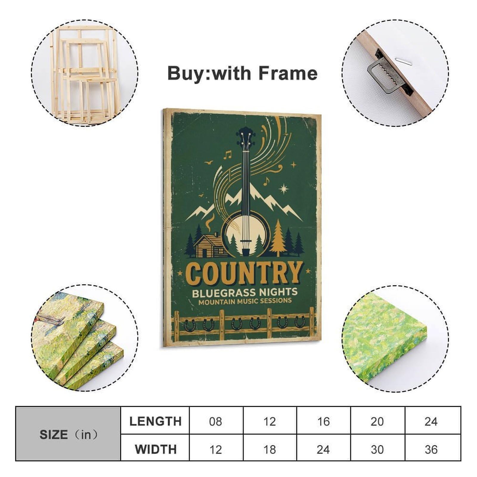 XKUGA Poster con stampa su tela, stile retrò con capanna di tronchi bluegrass, musica country, moderna, decorativa, decorazione artistica da parete per famiglia, grotta degli uomini, sala giochi