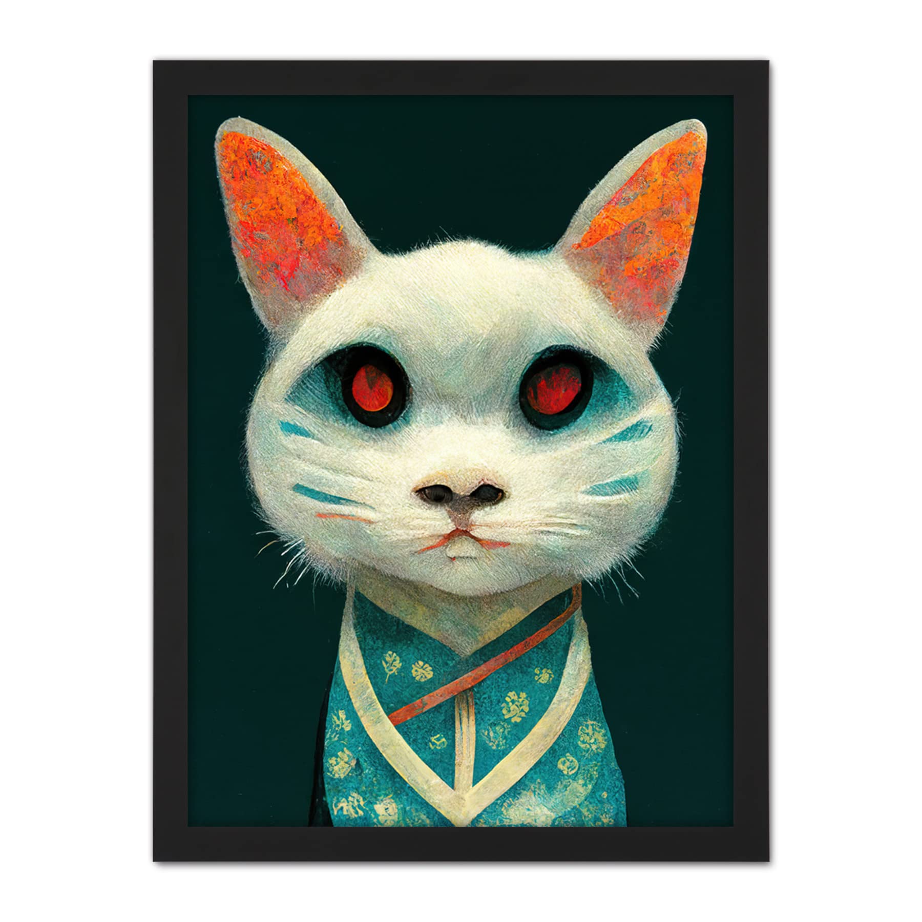 Doppelganger33 LTD Nihonga Kimono Cat Japanese Illustration Artwork Framed Wall Art Print 18X24 Inch