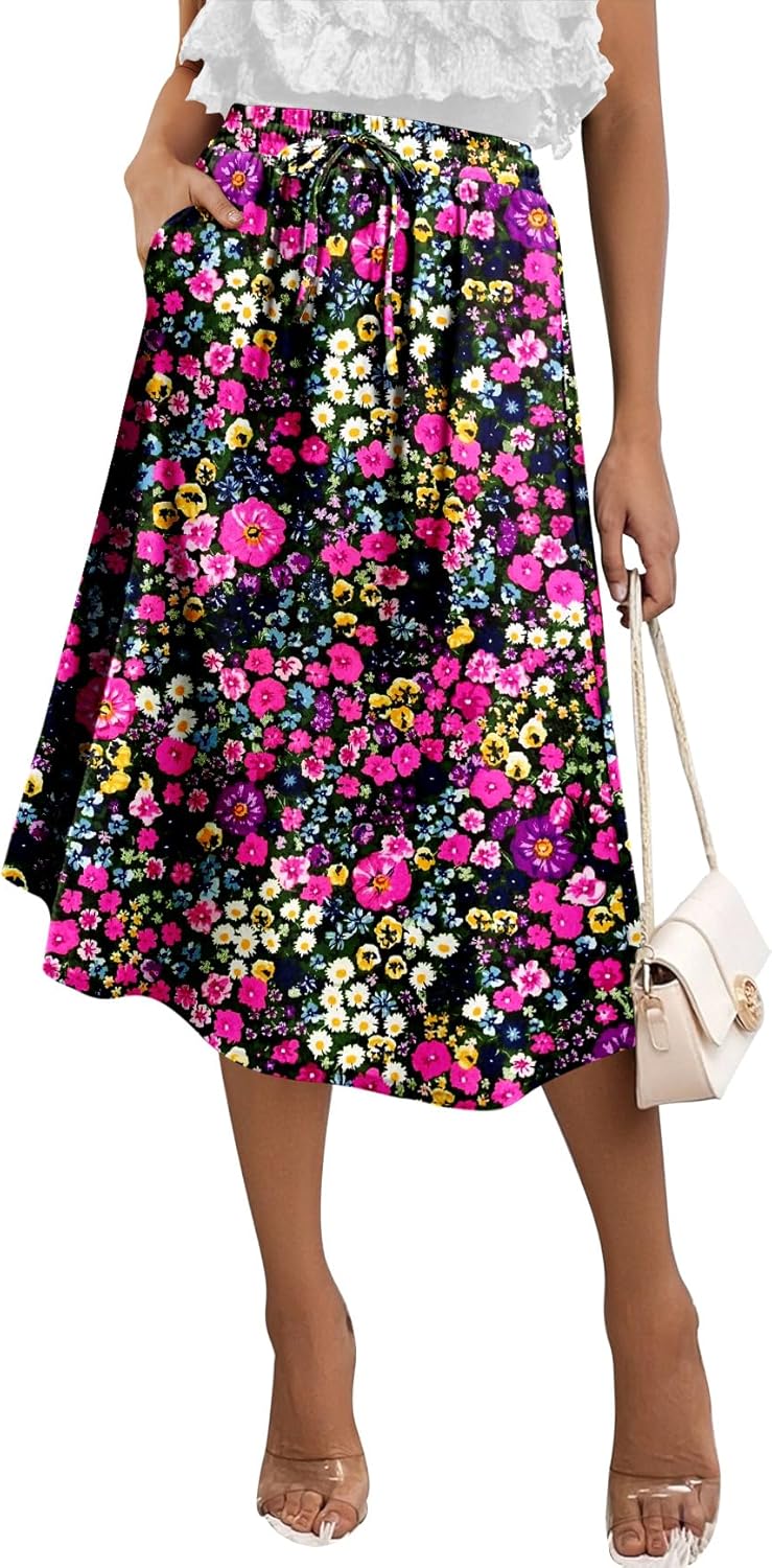 Angerella Womens Skirt Midi High Waist A-Line Casual Floral Print Trendy Bohemia Work Elegant with Pockets