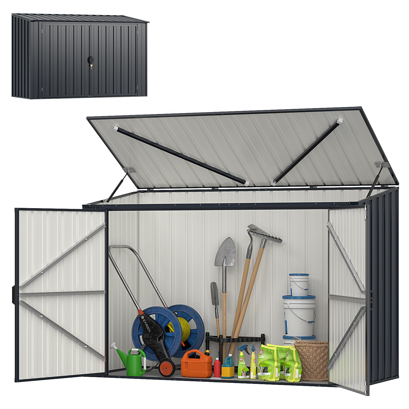 HOMASIS Abris Outils de Rangement en Métal-120 L,1,9 m³, Résistant aux Intempéries, avec 2 Gants, Cache-Poubelles pour 2 Poubelles avec 2 Porte et Couvercle Rabattable, Verrouillable
