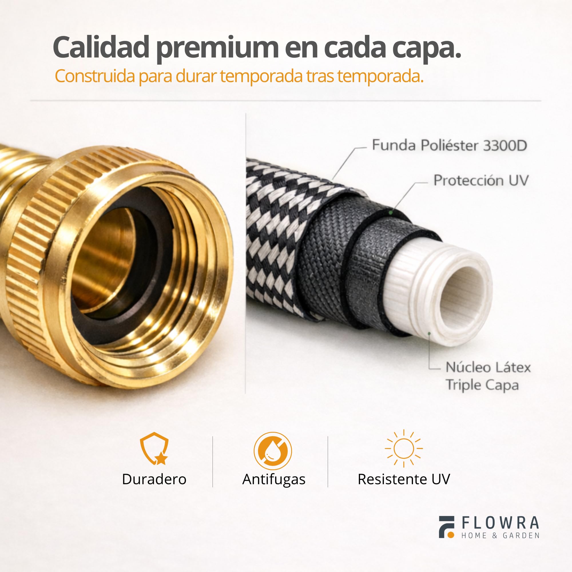Manguera extensible de 15 metros, manguera jardin extensible de poliéster resistente 3300D, con conectores de latón y pistola con depósito de jabón, incluye set con colgador y bolsa de almacenaje