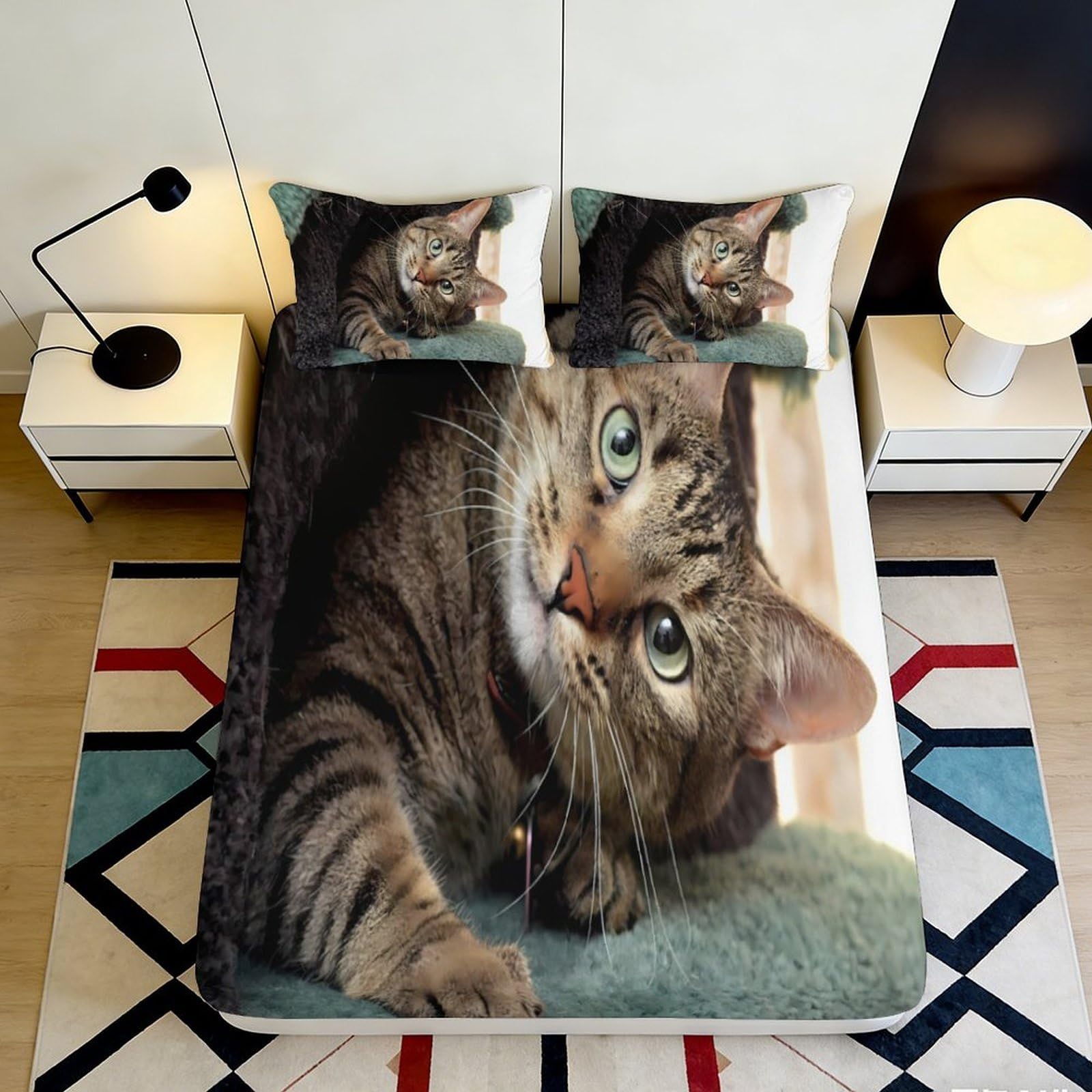 3D Printed Tabby Cat Fitted Sheet Microfiber Soft Breathable Realistic Cat Face Mattress Cover Bedroom Decor 90x200x25cm