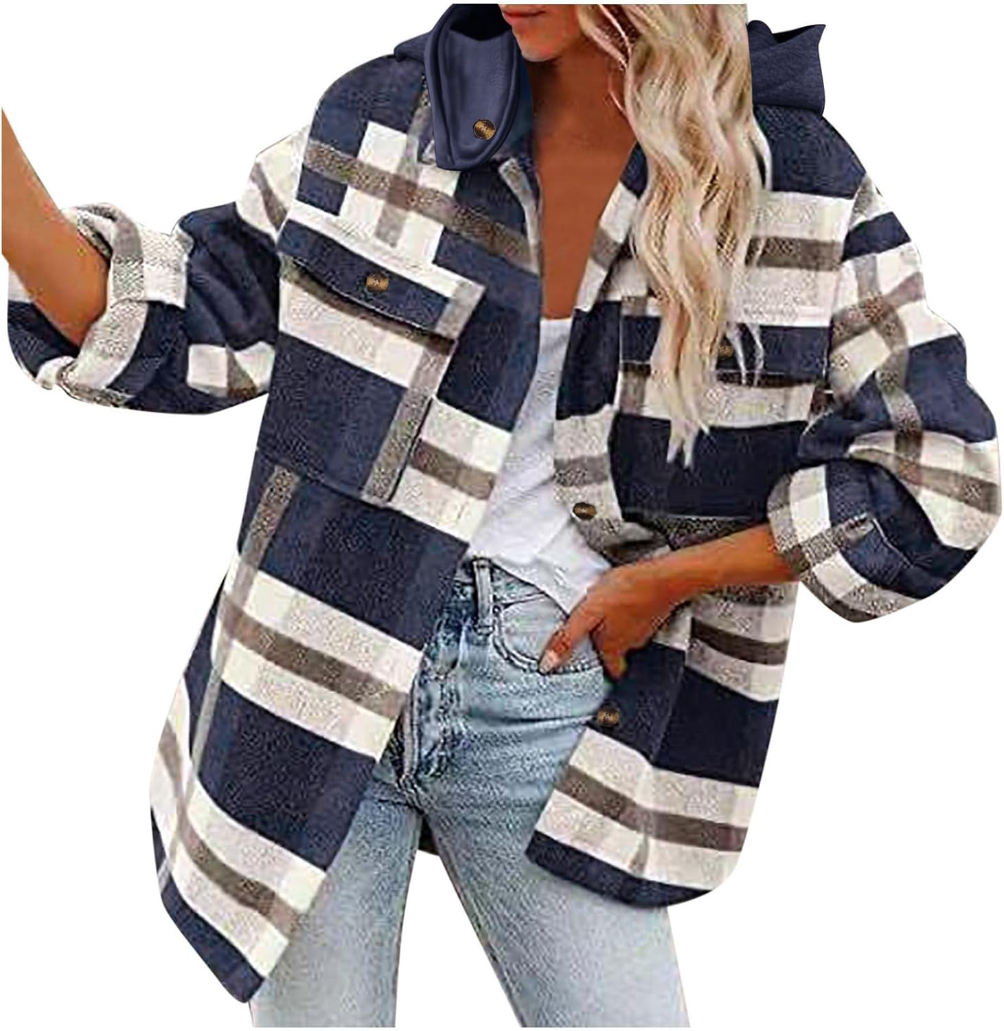 XUNRYAN Shacket Jackets Women Long Sleeve Shirts Oversized Plaid Blouse Jackets Wool-Blend Hoodies 2024 Fashion Clothes