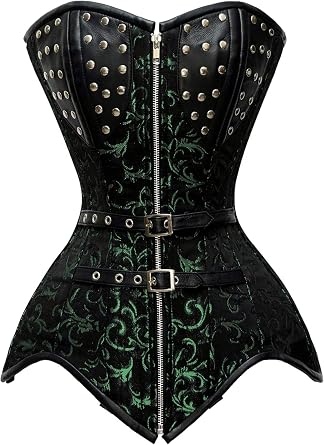 24 Double Steel Boned Waist Training Brocade & Genuine Leather Long Overbust Shaper Corset #8710