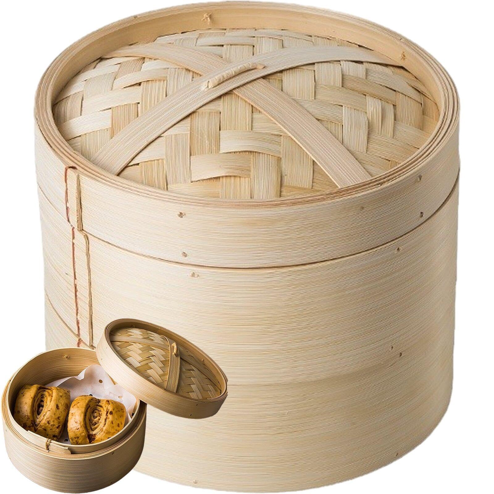Hrippy As Shown 2-Tier Bamboo Steamer 15Cm Food Steamer Basket Home Small Dumpling Steamer For Dim Sum, Vegetable, Bun, Rice