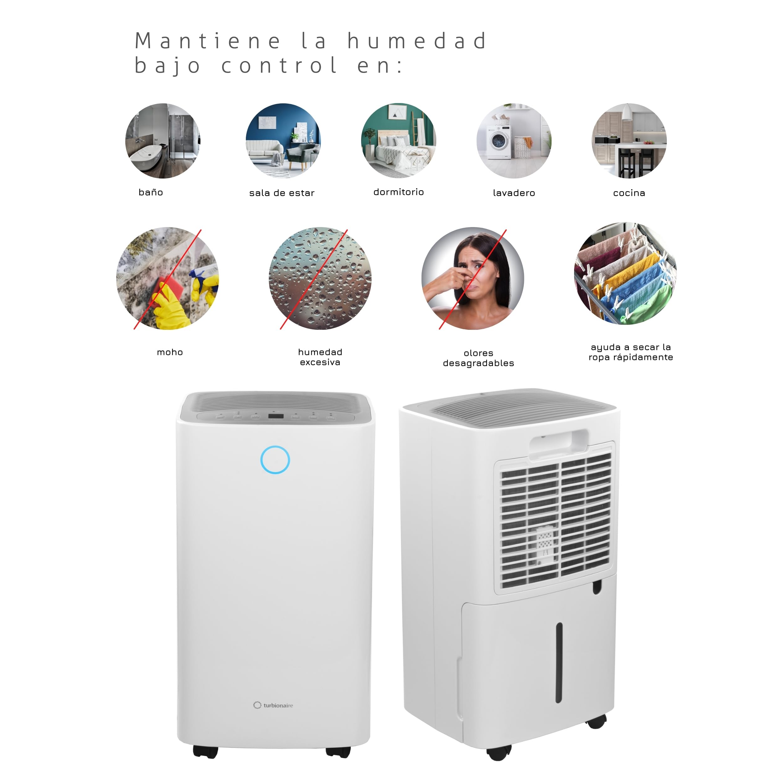 Deshumidificador y Purificador de Aire Turbionaire Senso 13 WiFi, 13L/Día, Filtro HEPA + Carbón Activo, Silencioso, Depósito extraíble 2L,Modo Secado de Ropa y Auto Antihumedad, Cobertura de 35m²