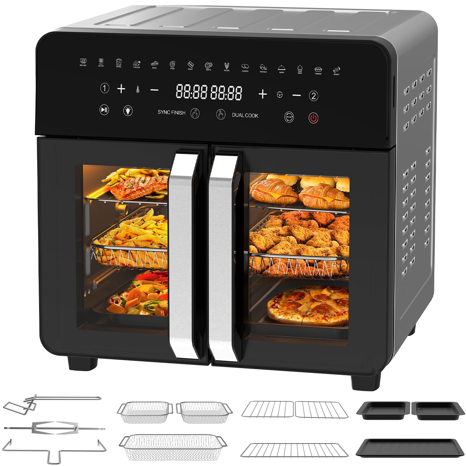 Freidora de Aire Dual Zone 23L, Air Fryer XXL con divisor extraíble, Freidora sin aceite con puertas French Door, 15 programas, Gran ventana, 5 juegos de accesorios, Libro de recetas