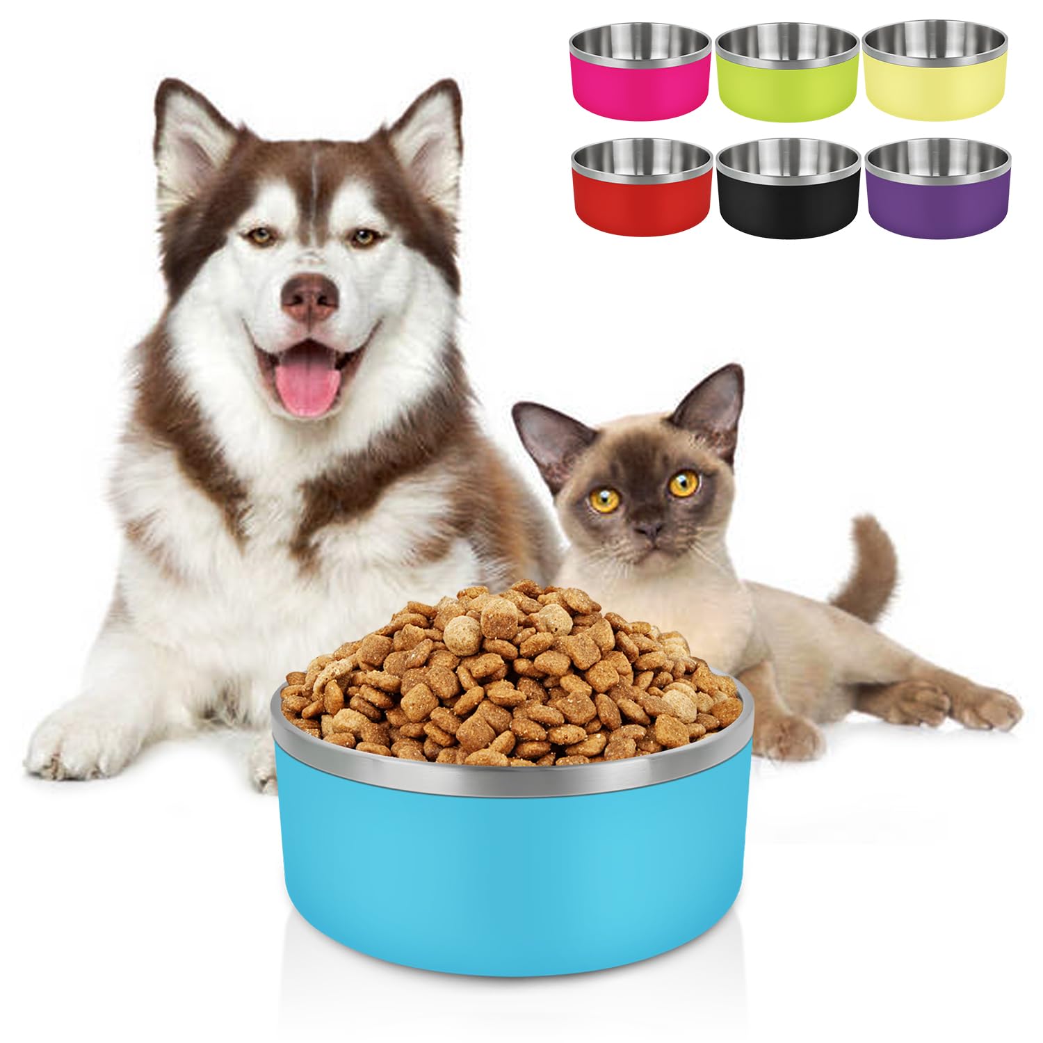 LIHONG Dog Bowls,Stainless Steel Dog Bowls for Large Dogs,Dog Food Water Bowls with Non Slip Rubber Bottom,Pet Feeding Bowl,Double Wall Insulated,Rustproof(64oz,Sky Blue)