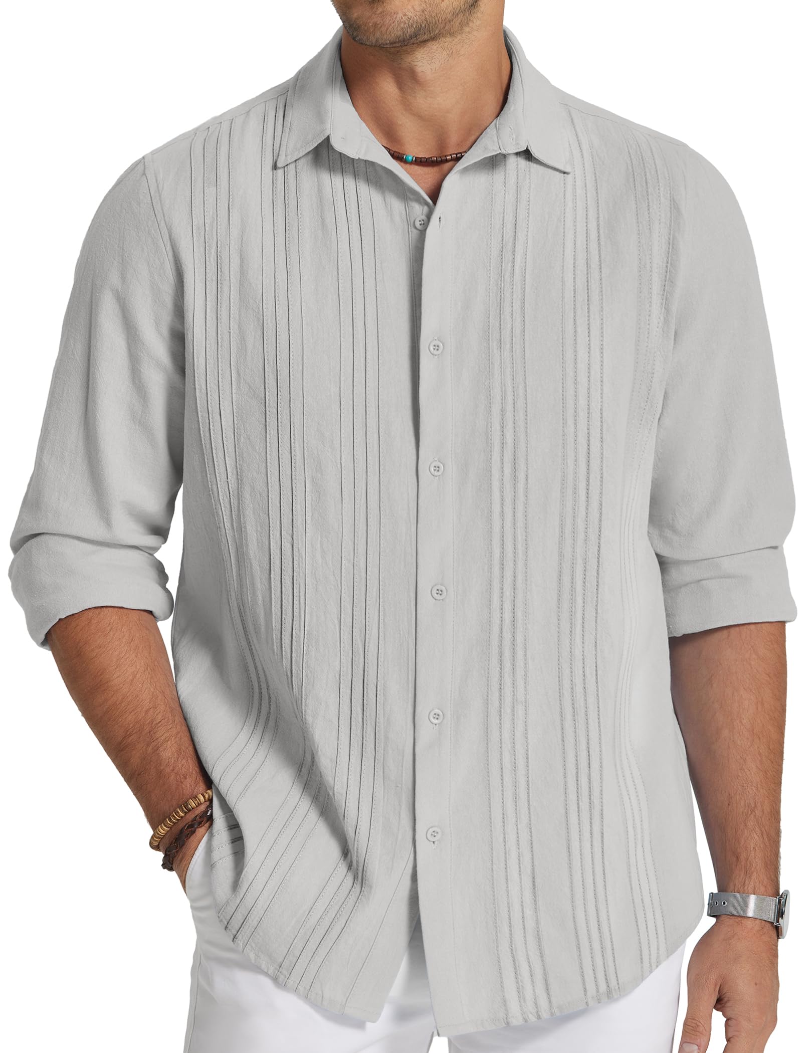 COOFANDYMen's Cuban Shirt Linen Guayabera Button Down Long Sleeve Beach Shirts