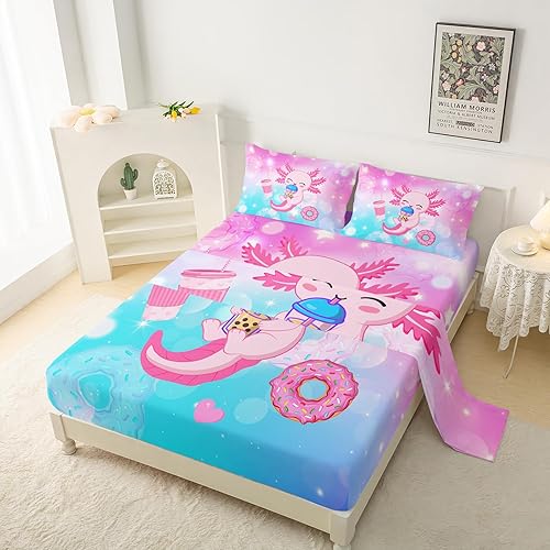 Miniatura 3 de QOOMO Juego de sábanas de microfibra de ajolote rosa de dibujos animados para niños, divertido juego de sábanas de vida marina para niños,