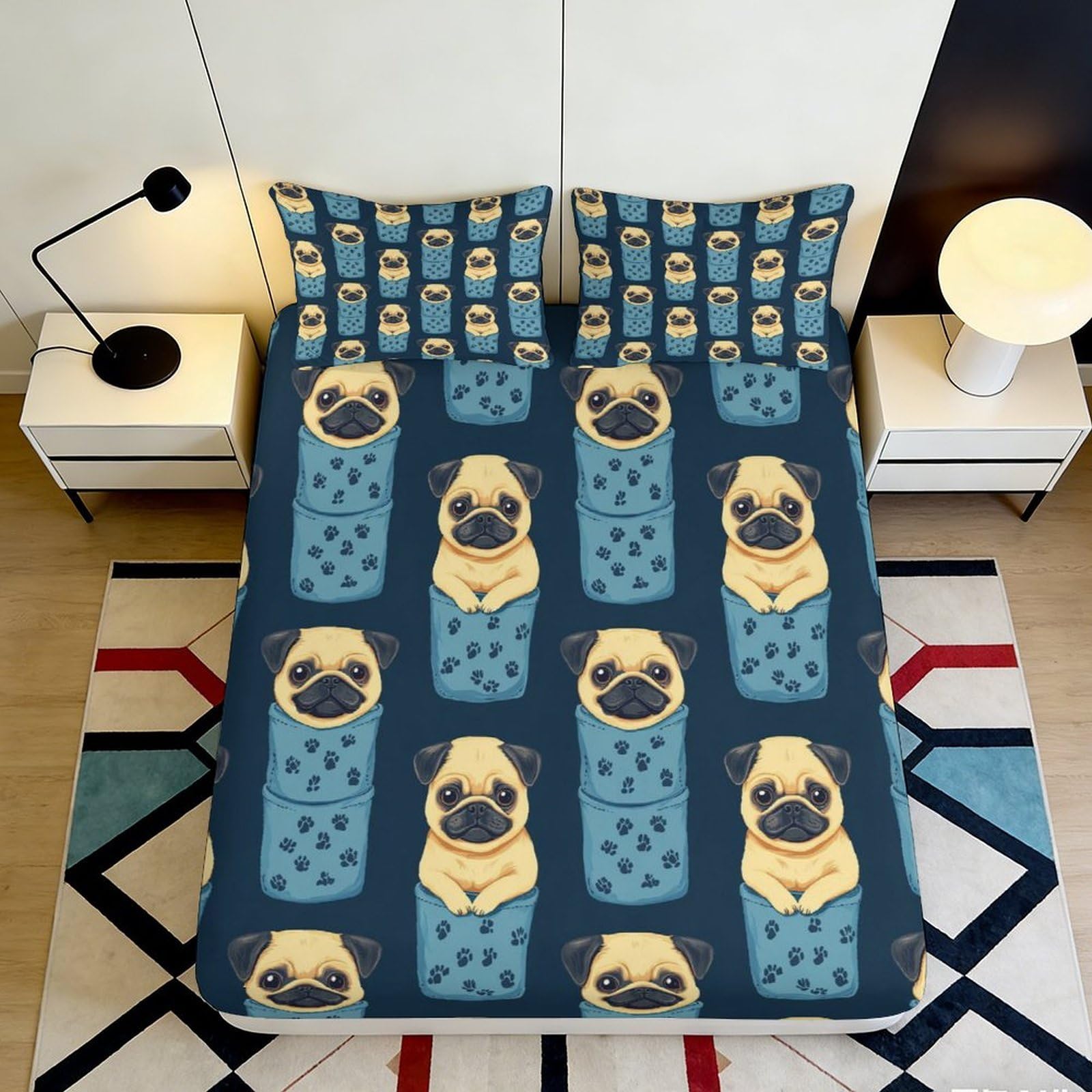 3D Printed Cartoon Pug Fitted Sheet Microfiber Anti-Slip Mattress Cover for Bedroom Dorm Decor, Blue Dog Pattern 90x200x25cm