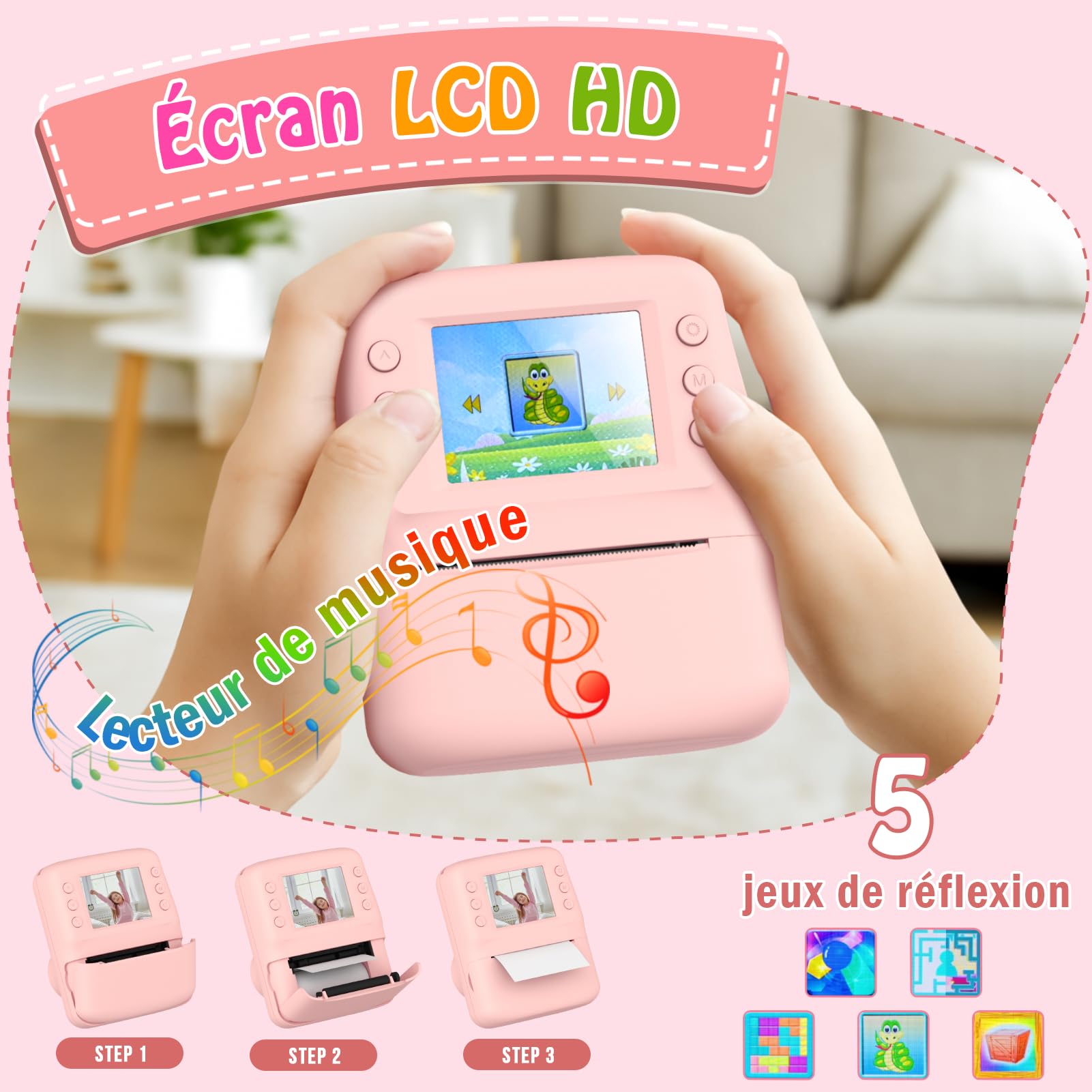 Appareil Photo Instantané Enfant, Appareil Photo Enfant avec Papier d’Impression & Carte 32GB, Écran 2.4'' HD, Vidéo 1080P, Selfie & Jeux, Cadeau Noël Anniversaire pour Filles Garçons 3 à 12 Ans