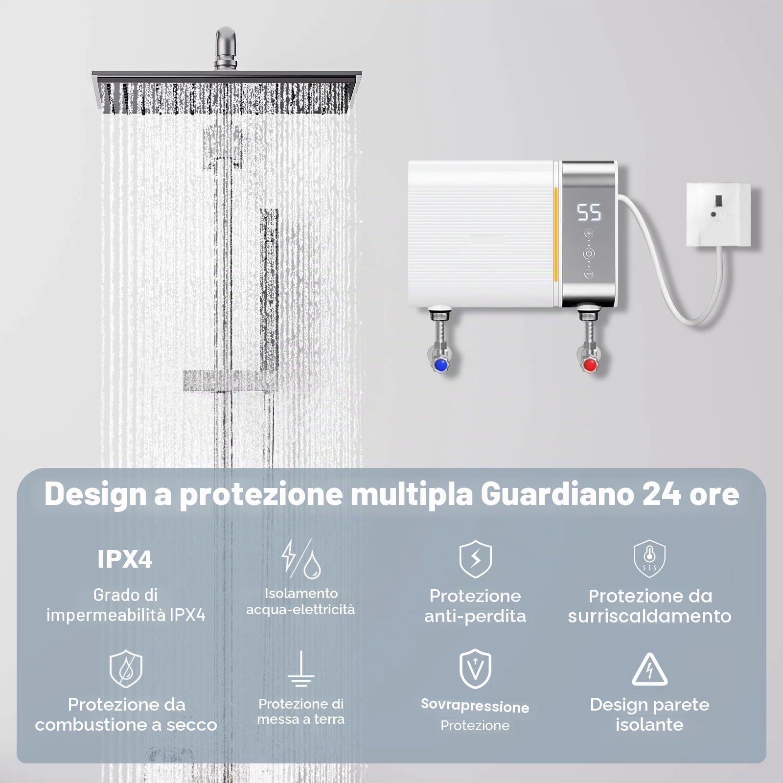 Scaldabagno elettronico da cucina, 220 V, 5500 W, mini scaldabagno senza serbatoio con indicatore di temperatura LED, elettrico istantaneo, piccolo scaldabagno (bianco)