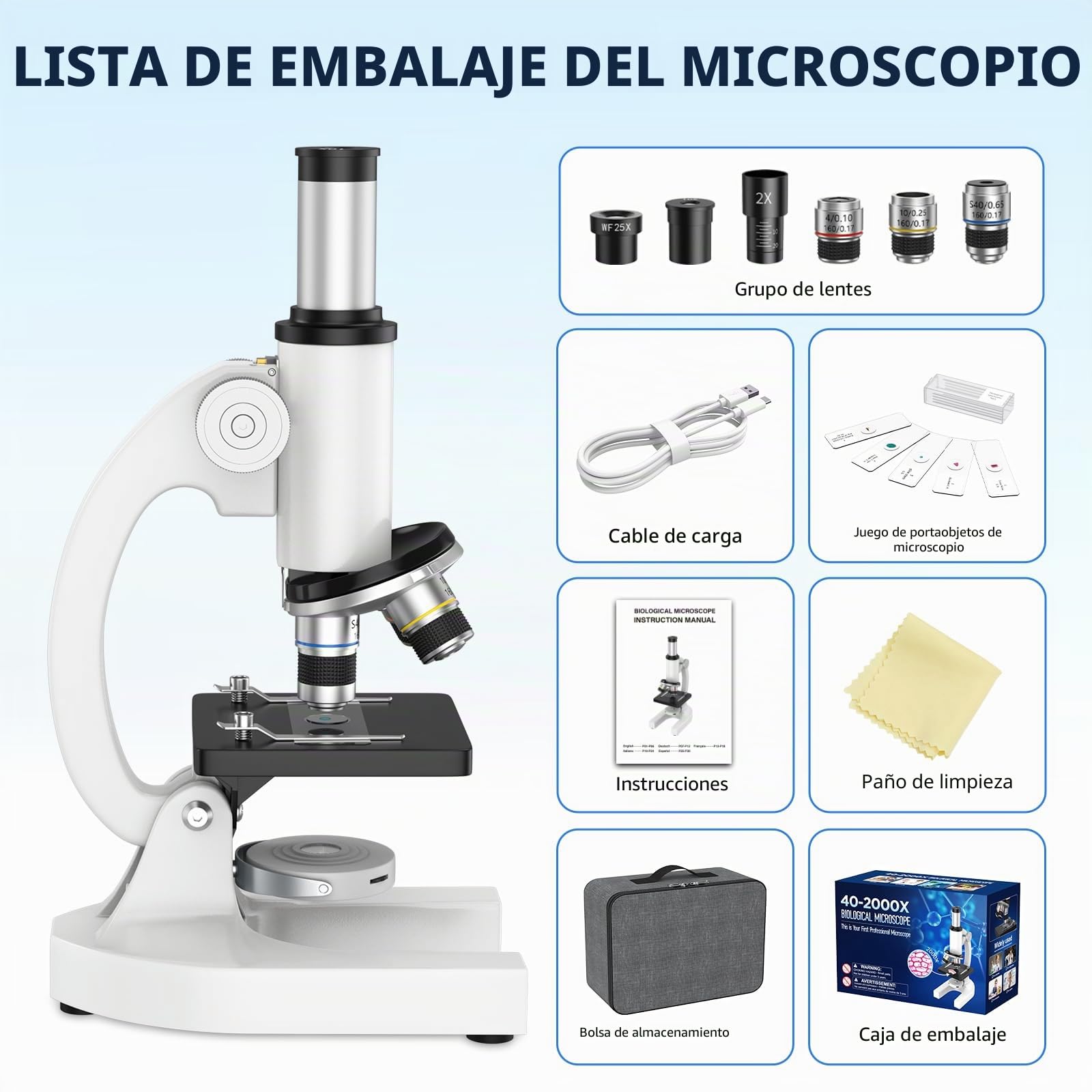 Microscopio 40-2000X para ciencia y exploración educativa con kit de diapositivas y estuche de almacenamiento