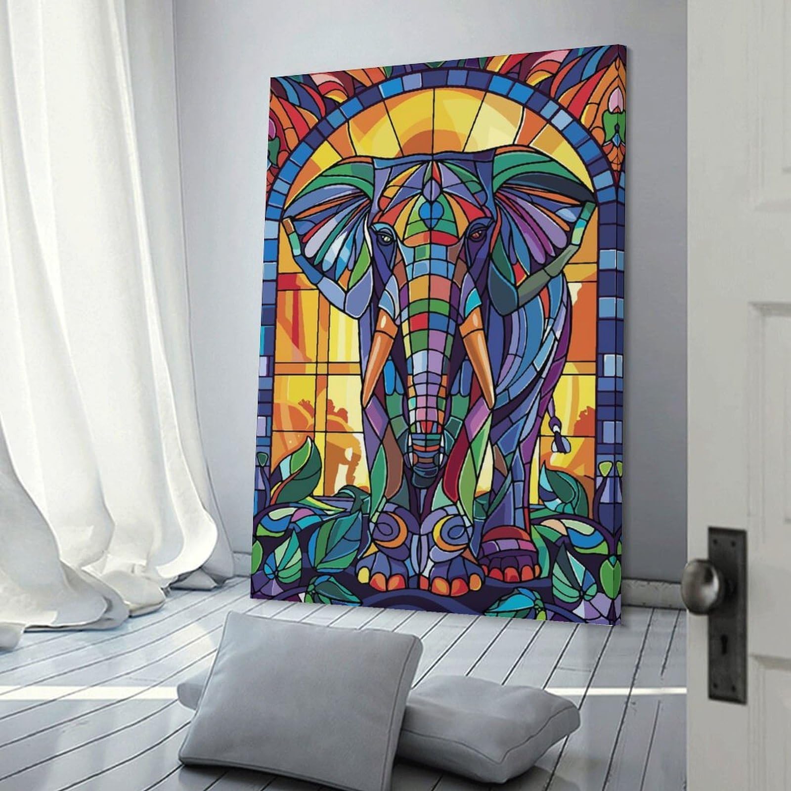 Junmoney Stained Glass Elephant Art Wall Picture Print 16x24inch(40x60cm), for Lounge Decor, Offices Or Entryway Styling, A Flexible Wall Accent for Shared Spaces