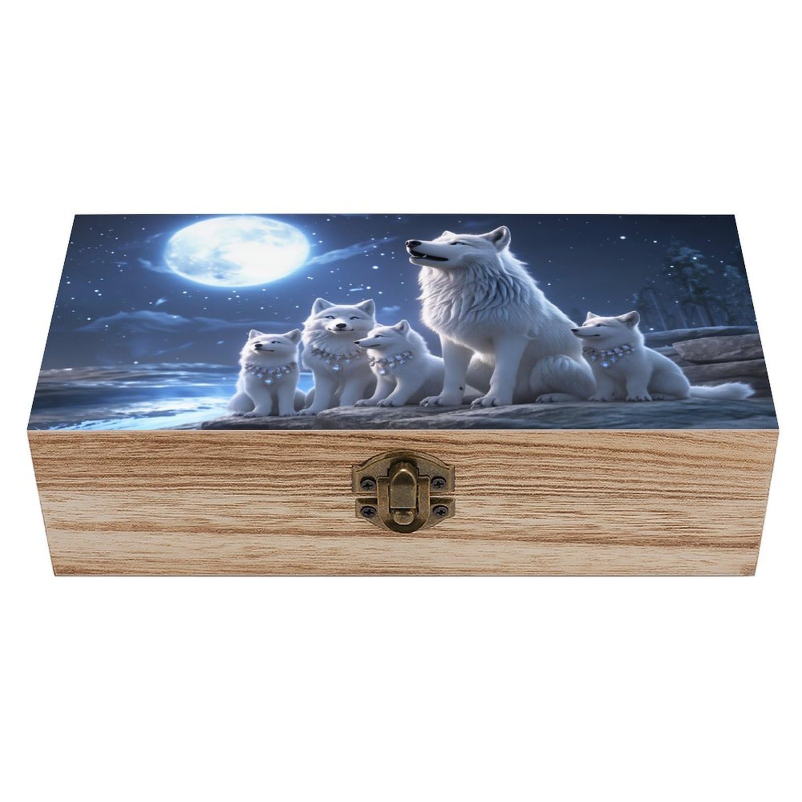 SMAZDFXX White Wolves Moon Night Family Wooden Keepsake Box Vintage Solid Wood with Hinged Lid 7.9"×3.7"×2.3" Metal Latch Rustic Home Decor for Jewelry Photos And Trinkets