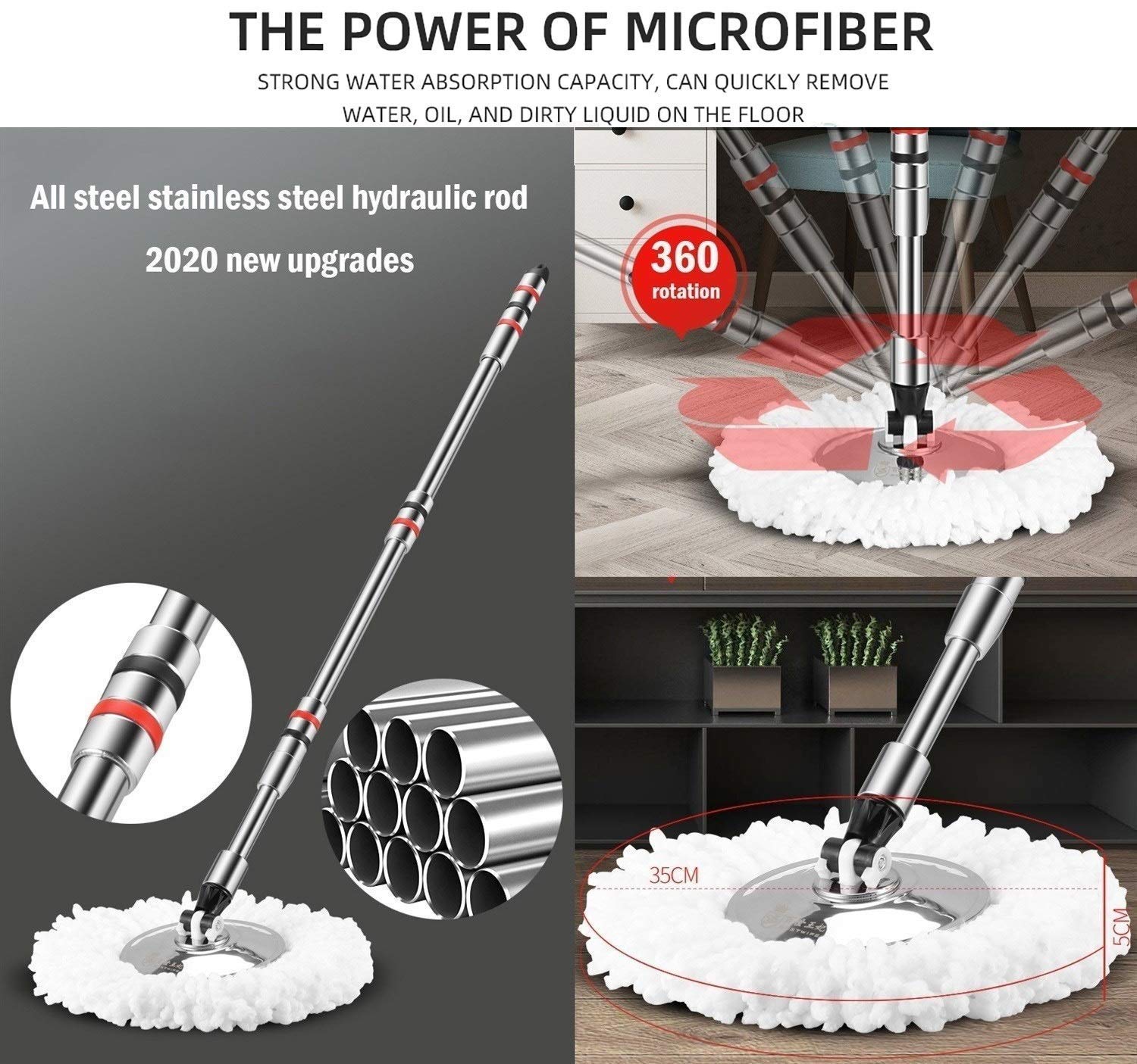 Mocio pavimenti Mocio rotante in microfibra Secchio in acciaio inossidabile con set strizzatori Sistema pulizia pavimento Mocio rotante 360 ​​Mocio asciutto e bagnato Mop riutilizzabili polvere Tipi