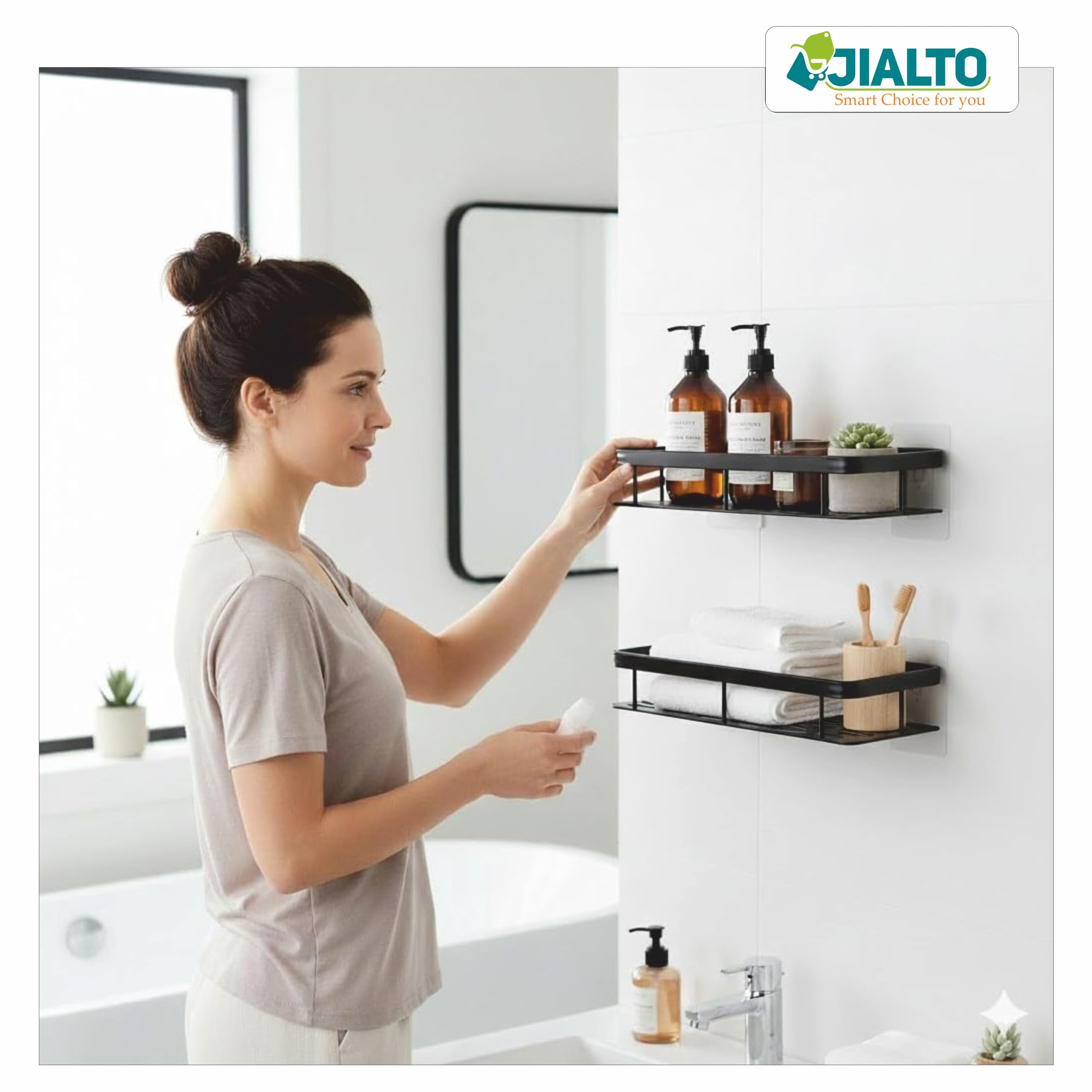 JIALTO 1 Pcs Bathroom Accessories - Multipurpose Aluminium Bathroom Shelf for Wall | Self-Adhesive Wall Mounted Bathroom Organiser Without Drill | 1 Pcs Black Bathroom Shelf | Bathroom Rack (Black) 1