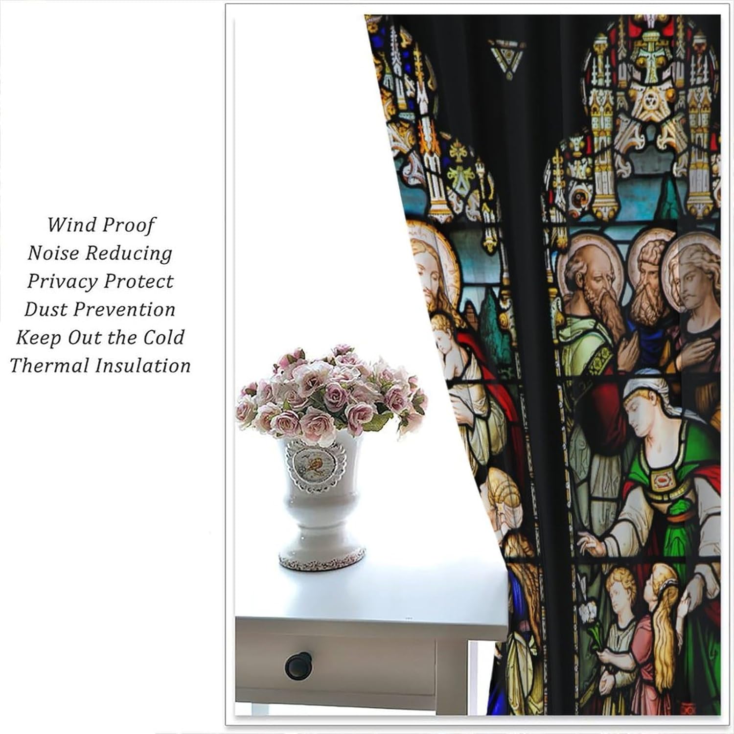 Colorful Curtains Stained Glass, Religious Mosaic Black Drapes with Jesus Multi Colored Saints Christian for Home Kitchen Restaurant Decoration Window Drapes 2Panel 42" W X 45" L