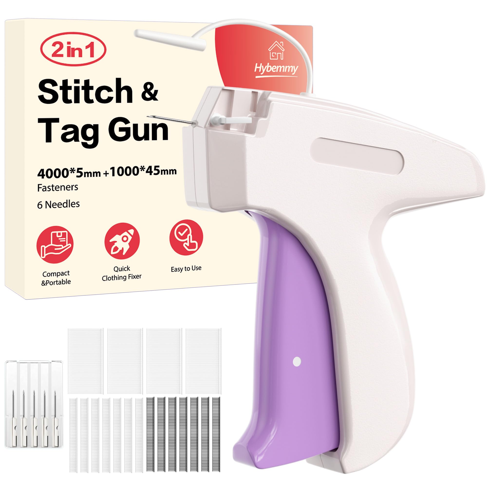 2-in-1 Stitch Gun for Colthes &amp; Tagging Gun for Clothing，Stitchy Quick Clothes Fixer with 5000pcs Fasteners（4000 5mm Black/White Sewing + 1000 45mm Tagging) &amp; 6 Needles（White)