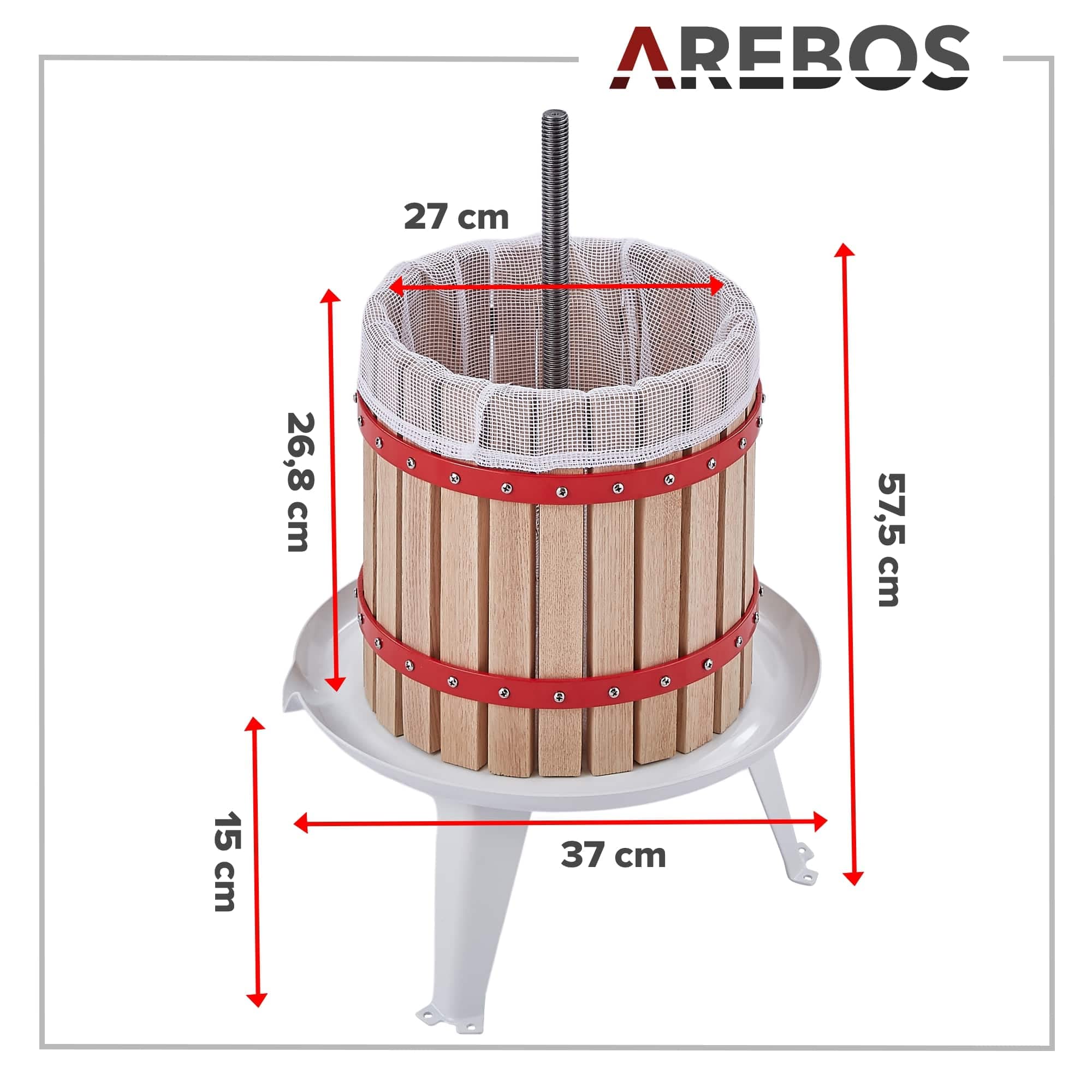 Arebos Obstpresse 12L | Manuelle Saftpresse I Beerenpresse inkl. Presstuch, Druckplatte und Metallspindel I Für jegliche Arten von Saft & Gemüse