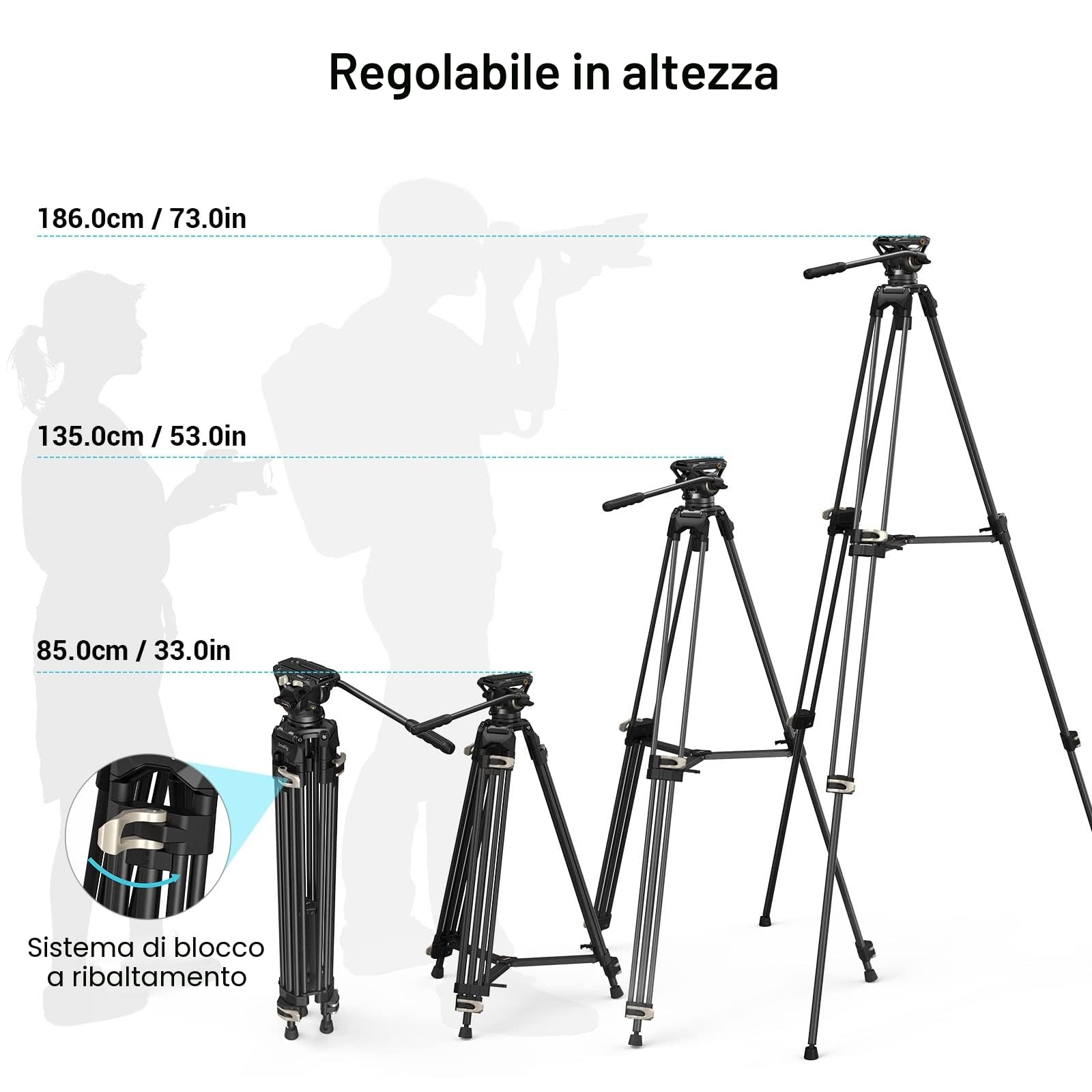 SMALLRIG Treppiede Video, Treppiede in lega di alluminio da 73"/186cm con testa fluida, Spargitore di livello e piastra di sgancio rapido, carico massimo 17,6 LB/8 kg per DSLR, Videocamera - 3751B