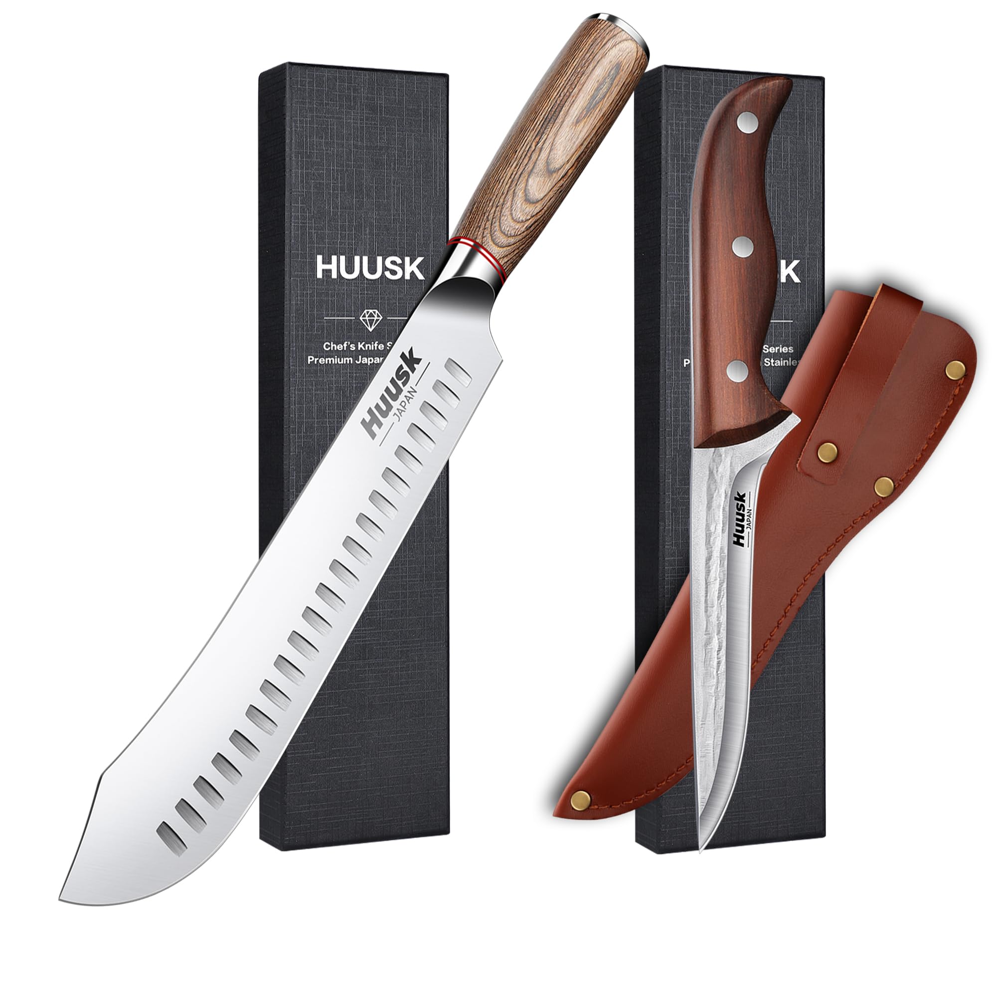 Huusk Butcher Knife Set - 10-inch Brisket Slicing Knife and 5-inch Boning Knife - Premium High-Carbon Steel Knives for Meat Trimming, BBQ, Poultry, and More