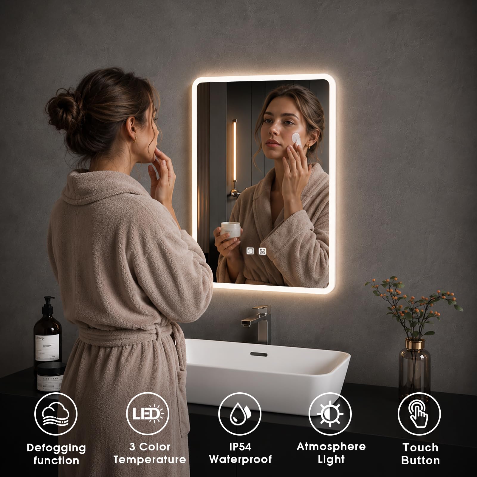 Espejo de baño con luces LED, espejo iluminado de 60x45cm para baño con función antivaho, luces regulables de 3 colores, retroiluminación, montado en la pared, resistente al agua, control