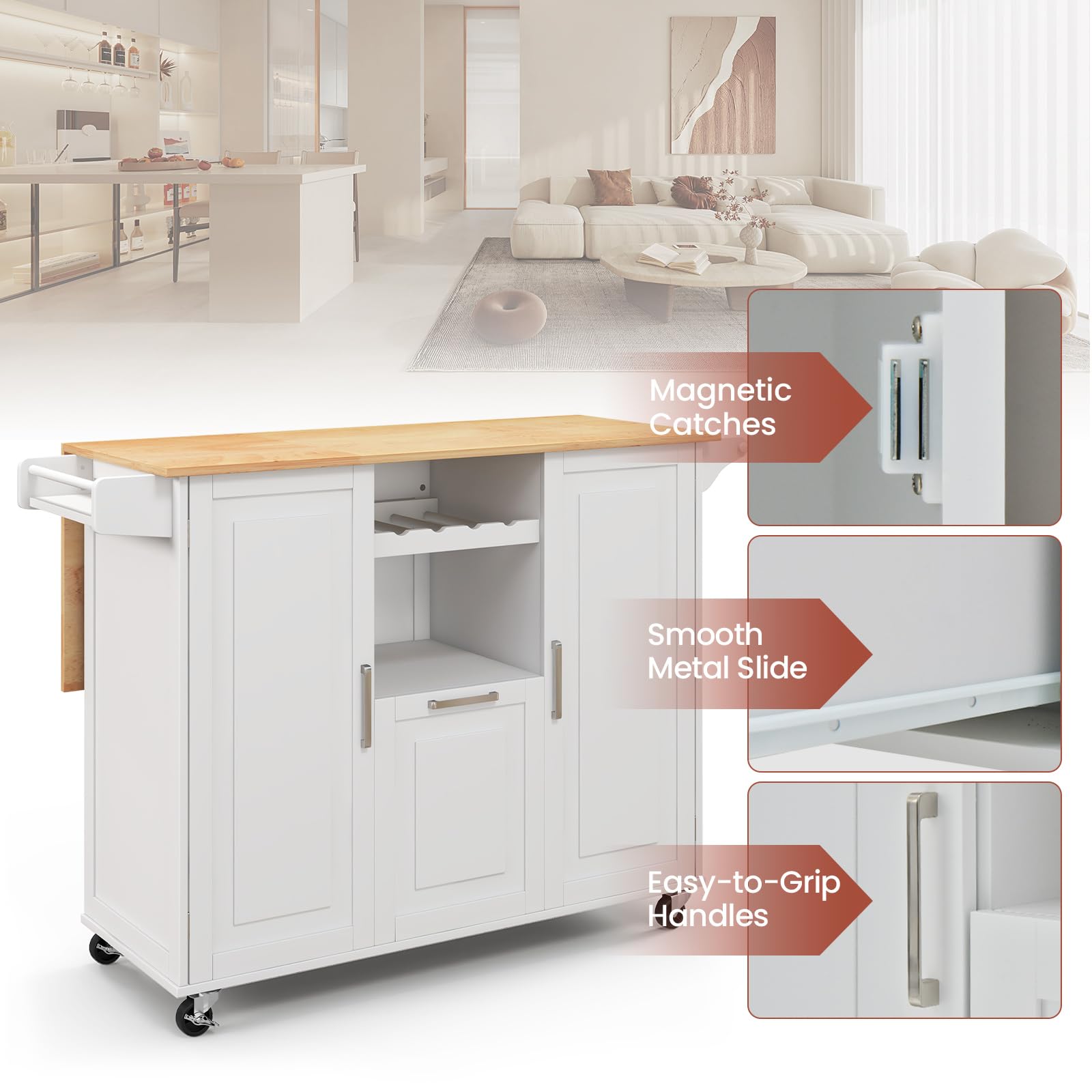 KOMFOTTEU Isola cucina mobile con piano di lavoro, carrello da cucina con cassetto, portabottiglie e 2 armadi porta, carrello da portata con ruote, carrello in legno per isola cucina, 130 x 45 cm