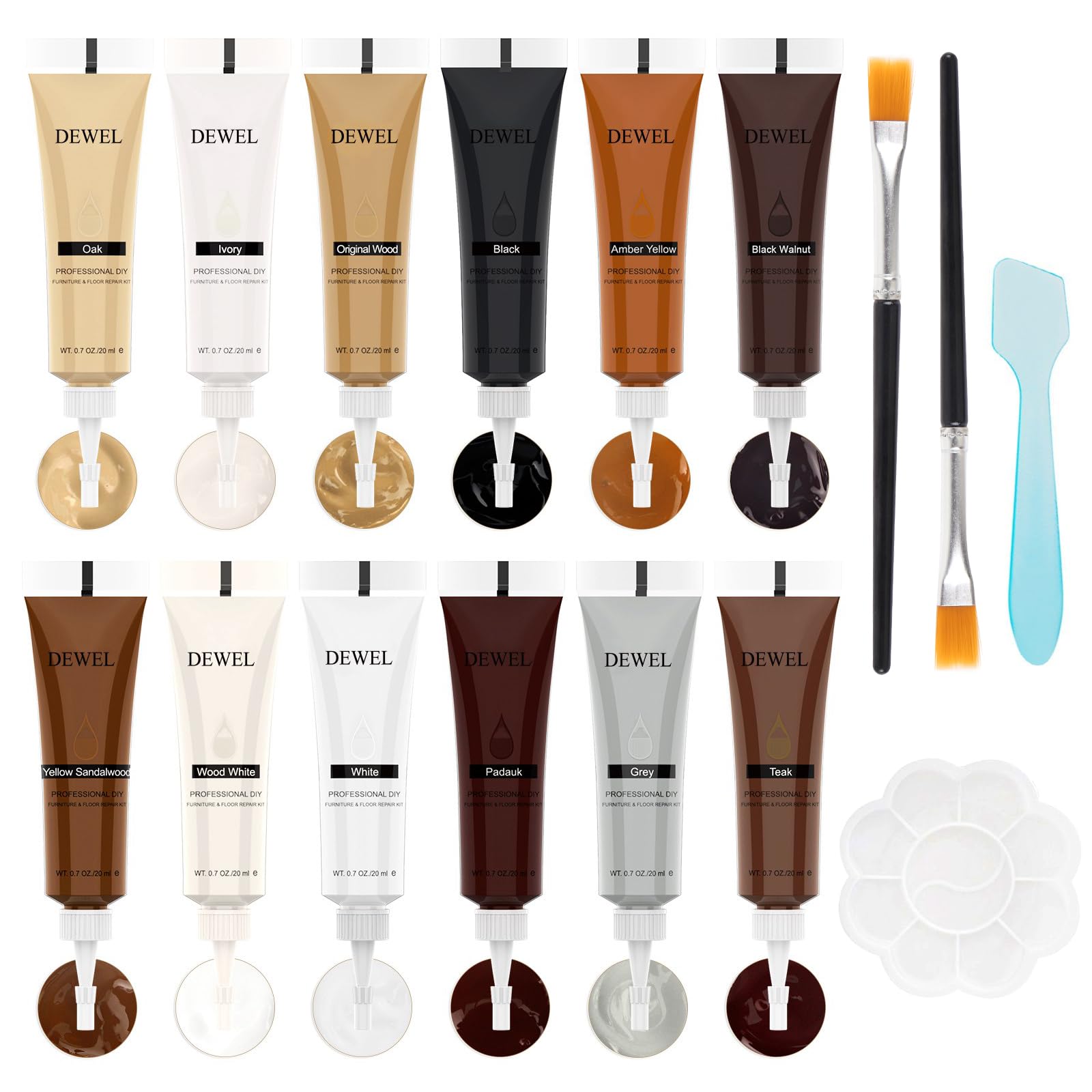 DEWEL Kit Riparazione Mobili, 12 Colori Kit di Riparazione per Legno, Stucco per Legno, Colori per Legno per Riparare Graffi, Crepe, Scolorimento Superfici