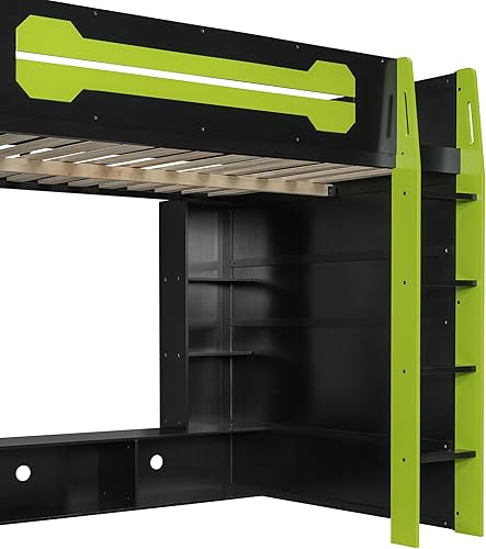 Miniatura 61 de Cama loft de madera para juegos de tamaño matrimonial con escritorio para computadora y luces RGB, cama para juegos, armario abierto integrado y