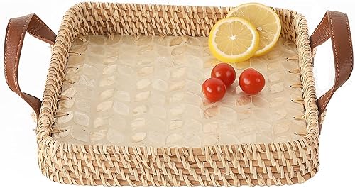 Bandeja de ratán de 10.6 pulgadas con base de madera con incrustaciones de nácar  Bandeja cuadrada de mimbre tejida  Bandeja de mesa auxiliar para