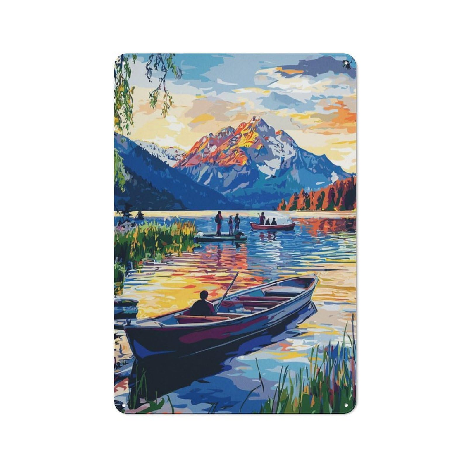Junmoney Mountain Lake Sunset Metal Sign 30X20cm With For Pub Or Café, Retro Decor, For Cooler-Month Interiors With Retro Character