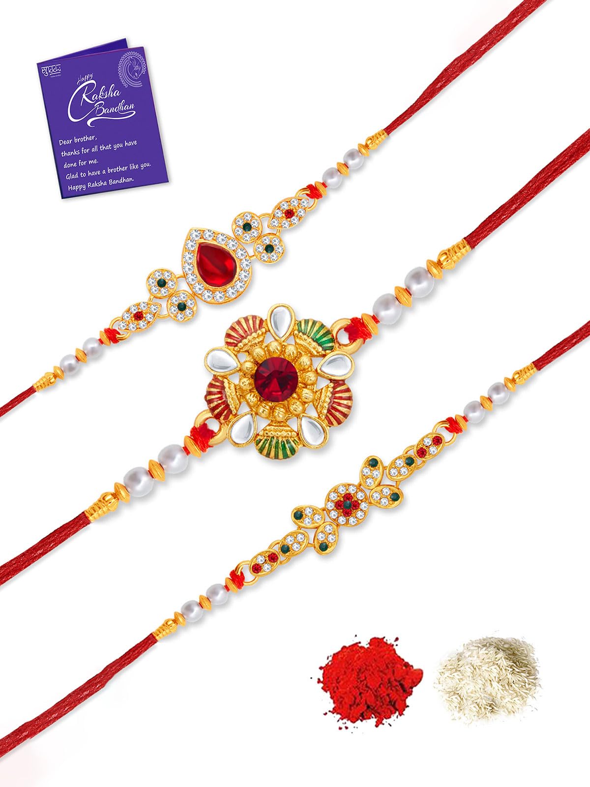 Sukkhi Rakhi Classic Kundan Rakhi Combo & Designer Gold Plated Premium Rakhi for Brother, Roli Chawal & Greeting Card|Rakhi for Bhaiya|Rakhi for MEN|Kundan Rakhi|Rakhi Combo-Set of 3 |CBRAK105011 (B0C7W4TV3R) Amazon Price History, Amazon Price Tracker
