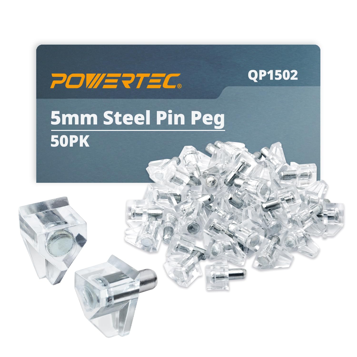 POWERTEC QP1502 5mm Clear Shelf Pegs 50 pcs, Shelf Pins Support Pegs for Shelves, Kitchen Cabinet Shelf, Bookshelf, Closet and Furniture, Nickel Plated Shelf Holders Metal Pin Pegs