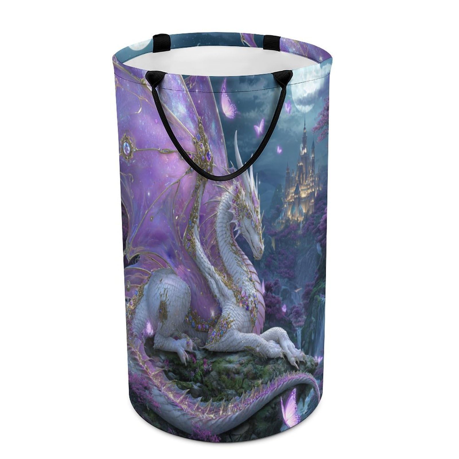 LUYYSKY Fantasy Realistic Mythical Dragon Versatile Storage Laundry Basket, Retro Watercolor Full Moon Castle Animal Butterfly Plant Flowers Large Bathroom Hamper With Handle-40 CM Dia, 69 CM High