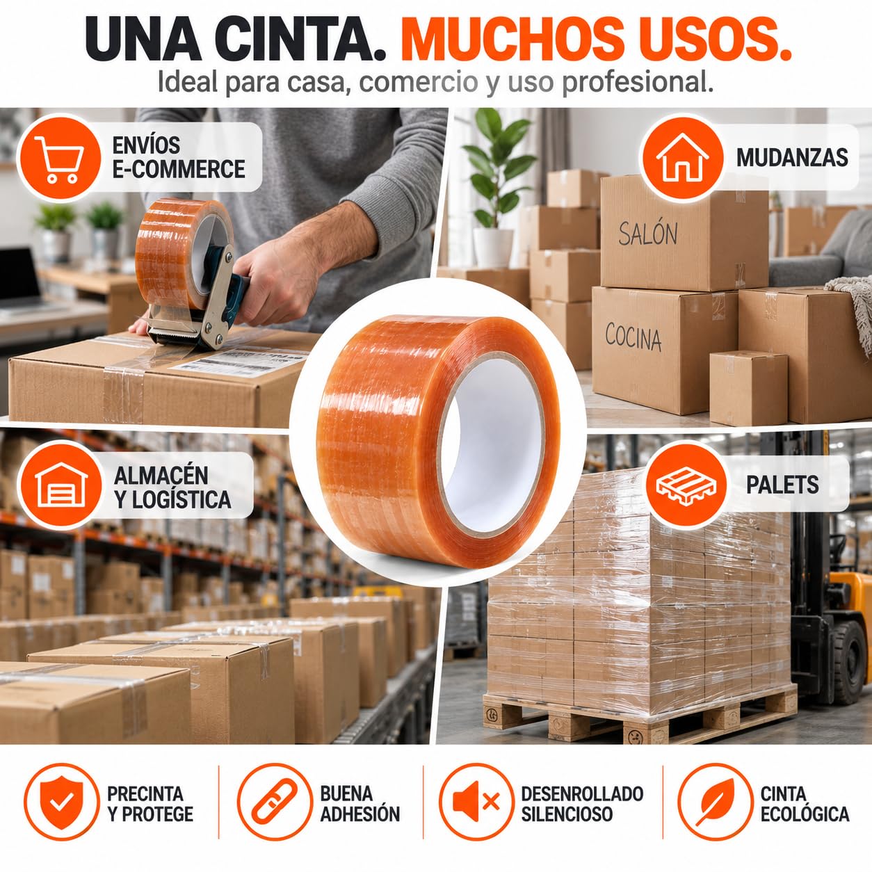 Cinta de Embalaje Transparente 48 mm x 126 m. longitud – Precinto Adhesivo de Larga Duración – Desenrollado Silencioso – Para Cajas, Envíos, Mudanzas, Almacén y Palets