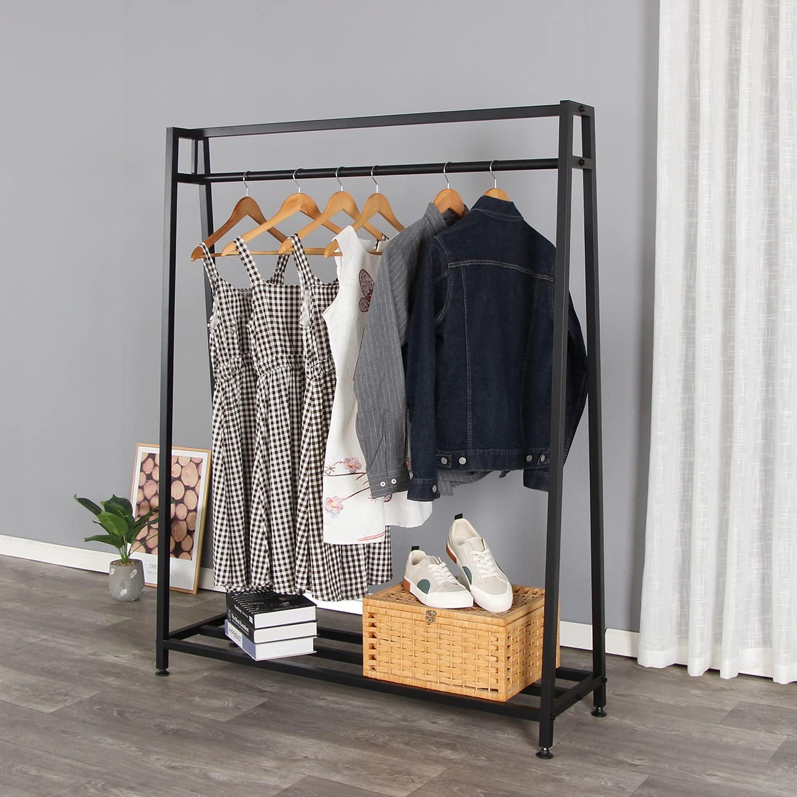 SSS Furniture Clothing Garment Rack with Shelves, Metal Cloth Hanger Rack Stand Clothes Drying Rack for Hanging Clothes, Easy Assemble Clothing Rack for Bedroom or Boutiques(Black)
