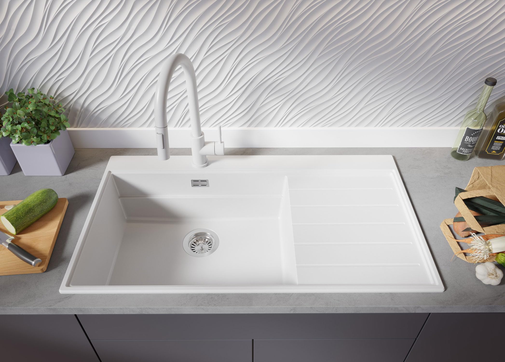 PRIMAGRAN Evier Cuisine en Granit au Meuble 60cm + Kit de Vidage, 90x50cm