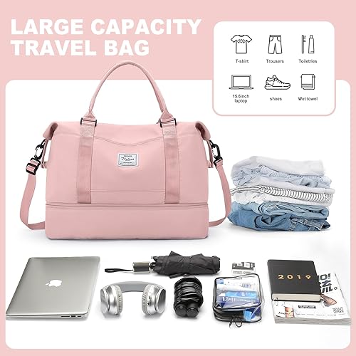 Miniatura 4 de Bolsas de fin de semana para mujer, bolsas de viaje con compartimento para zapatos, Rosado, Bolsa de viaje+neceser